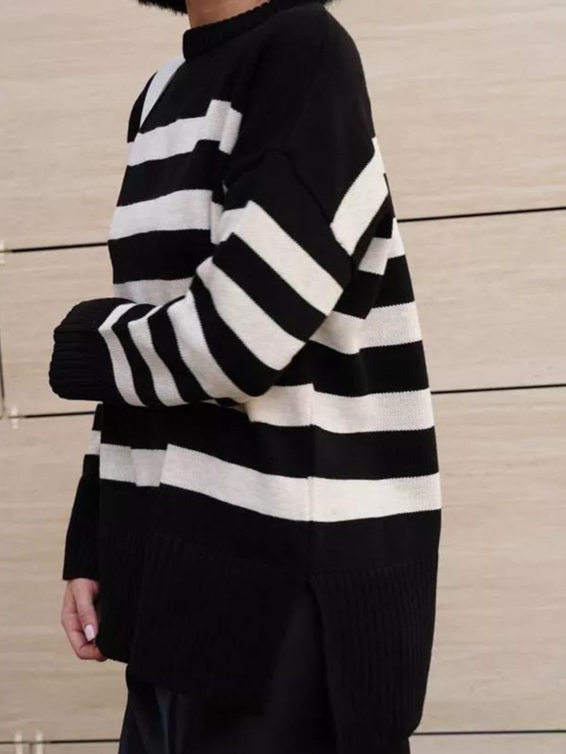 Slit Striped Round Neck Sweater-TOPS / DRESSES-[Adult]-[Female]-2022 Online Blue Zone Planet