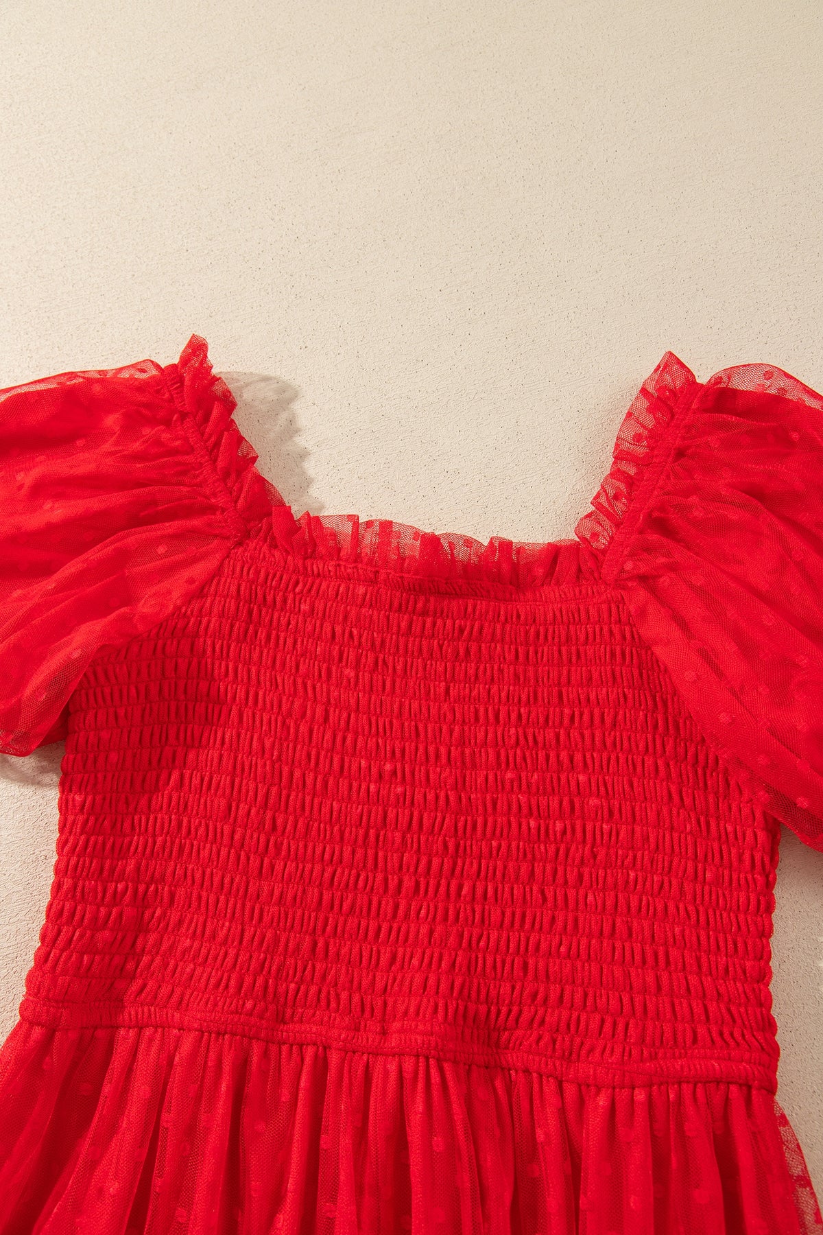 Fiery Red Tiered Tulle Smocked Bodice Puff Sleeve Dress-TOPS / DRESSES-[Adult]-[Female]-2022 Online Blue Zone Planet