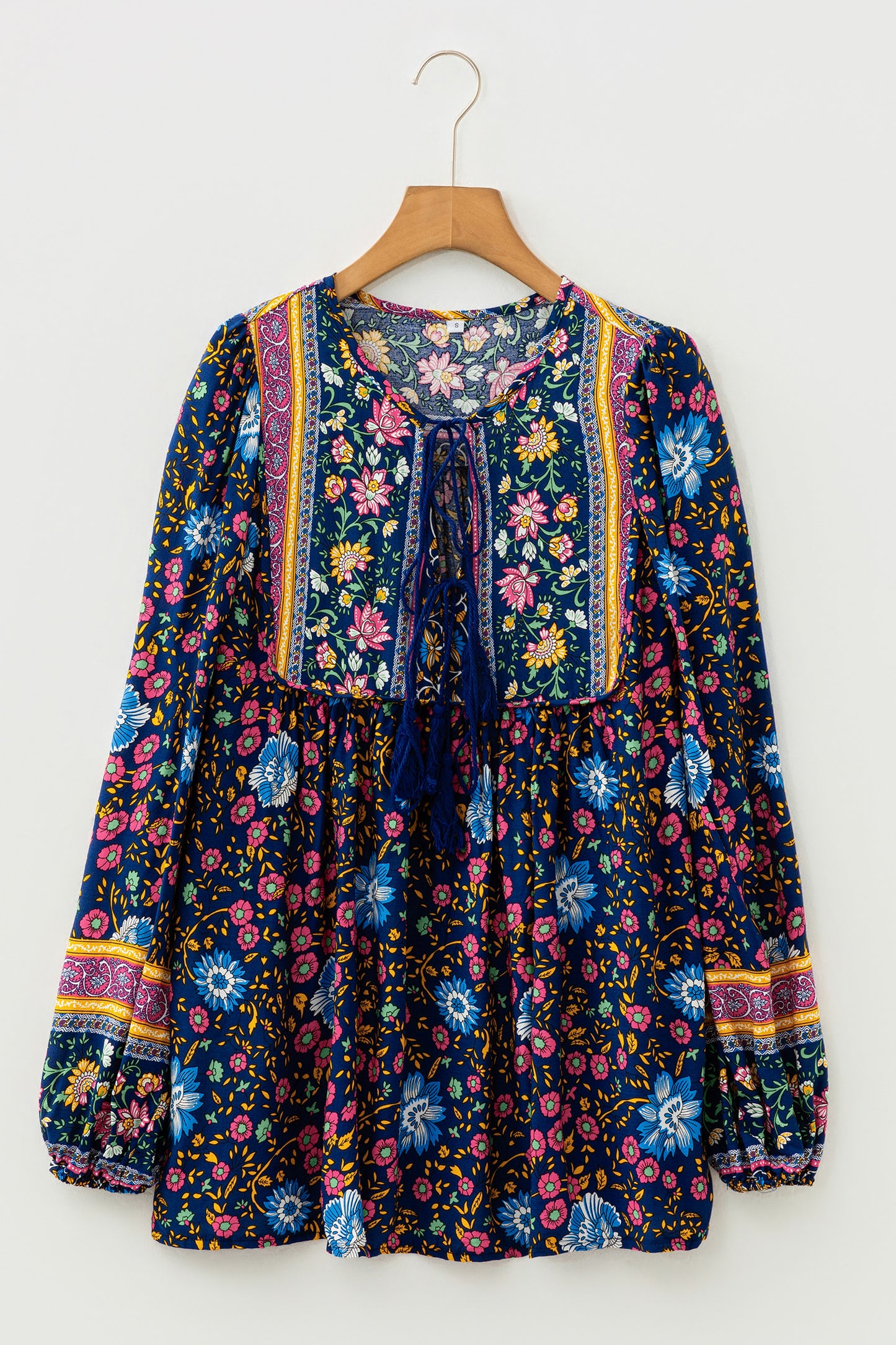 Blue Bohemian Floral Print Tassel Tie Front Long Sleeve Blouse-Tops/Blouses & Shirts-[Adult]-[Female]-2022 Online Blue Zone Planet