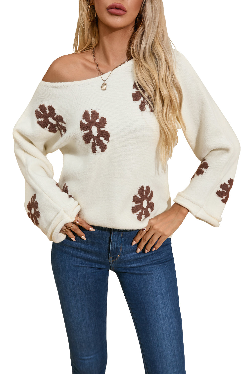 White Colorblock Floral Pattern Round Neck Sweater-Sweaters & Cardigans/Sweaters-[Adult]-[Female]-2022 Online Blue Zone Planet