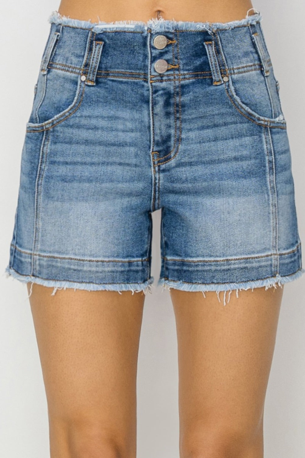 RISEN High Rise Seam Detailed Raw Edge Denim Shorts-BOTTOMS SIZES SMALL MEDIUM LARGE-[Adult]-[Female]-2022 Online Blue Zone Planet