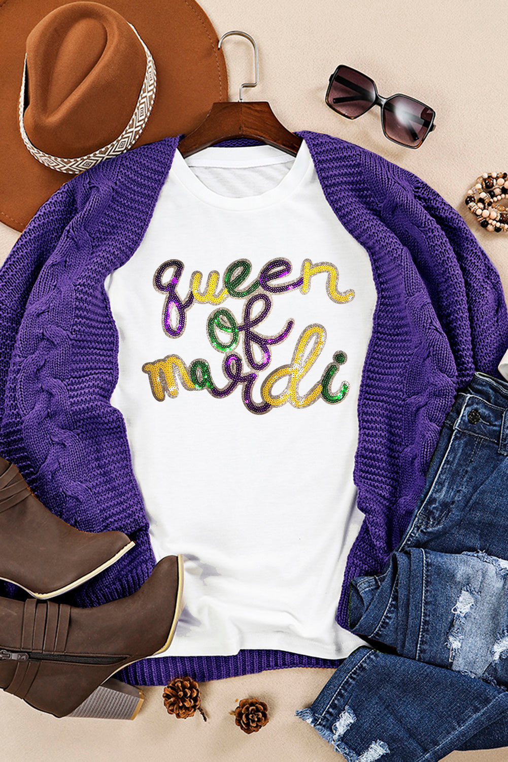 White queen of mardi Sequin Letter Graphic T Shirt-Graphic/Graphic Tees-[Adult]-[Female]-2022 Online Blue Zone Planet