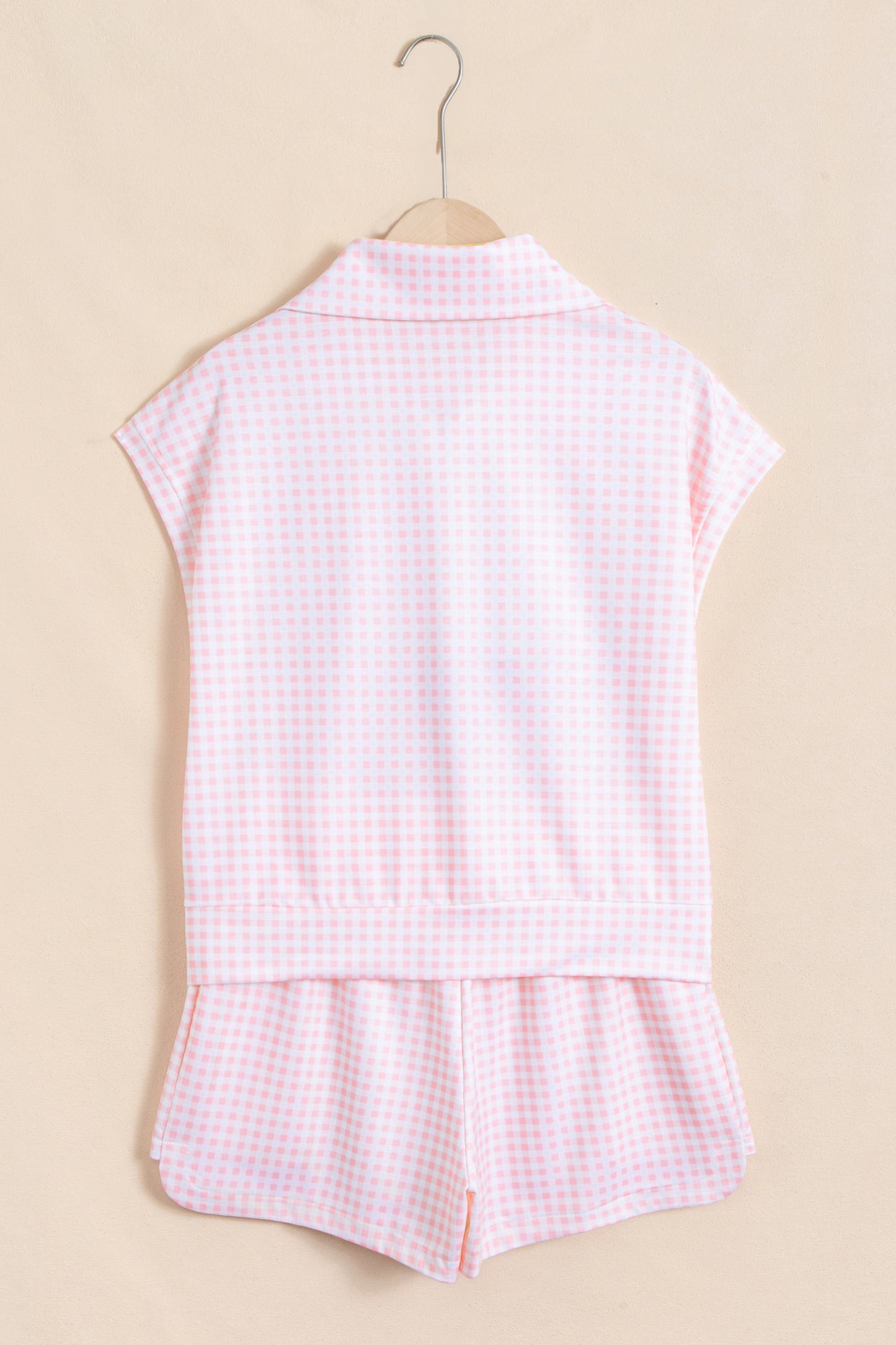 Pink Plaid Zip Neck Sleeveless Top Elastic Waist Shorts Casual Two Piece Short Set-Two Piece Sets/Short Sets-[Adult]-[Female]-2022 Online Blue Zone Planet