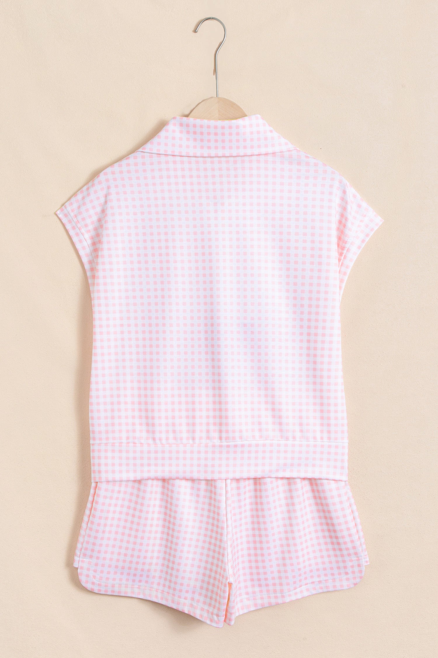 Pink Plaid Zip Neck Sleeveless Top Elastic Waist Shorts Casual Two Piece Short Set-Two Piece Sets/Short Sets-[Adult]-[Female]-2022 Online Blue Zone Planet