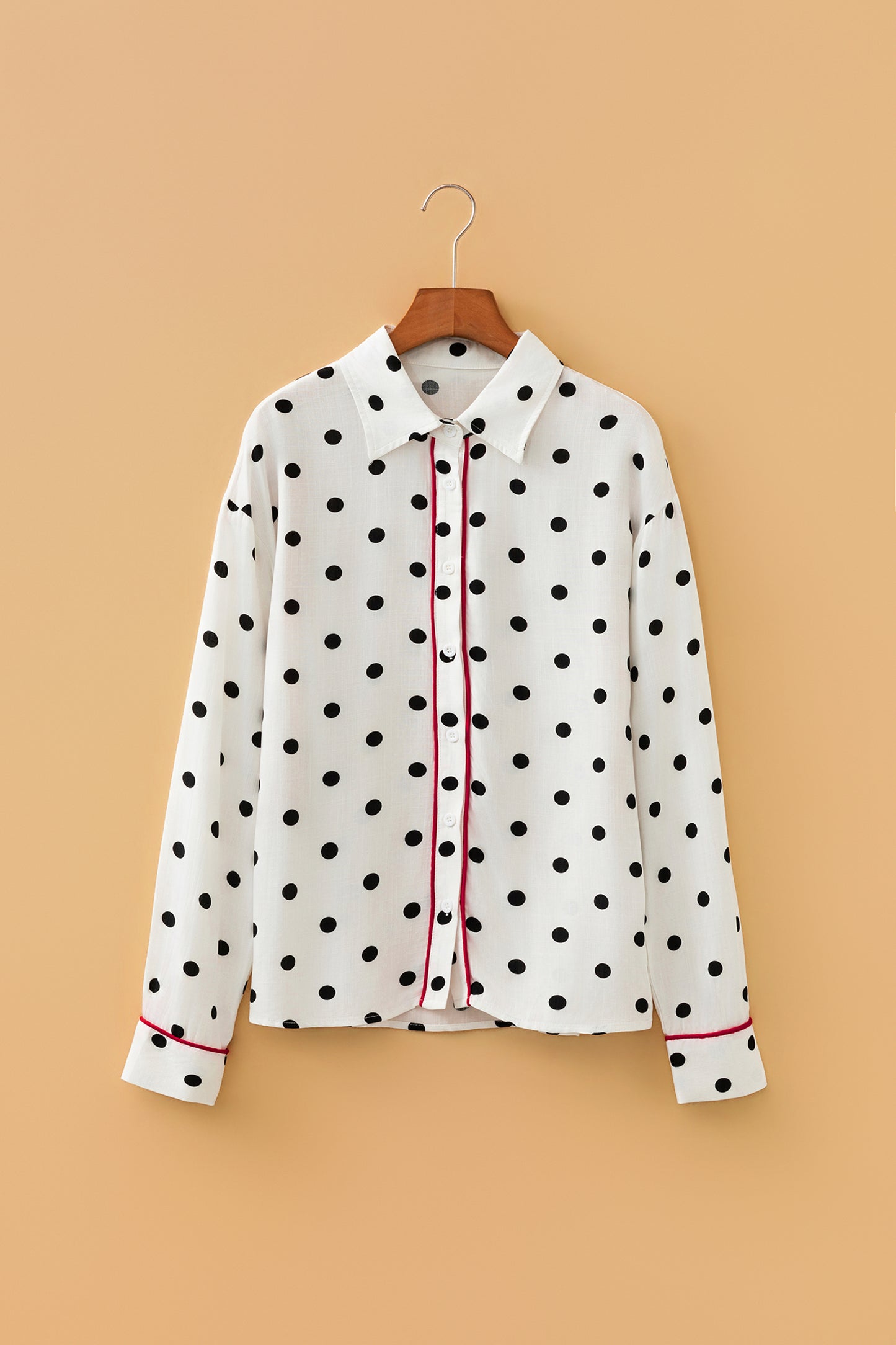 White Polka Dot Print Contrast Piping Elegant Shirt-Tops/Blouses & Shirts-[Adult]-[Female]-2022 Online Blue Zone Planet