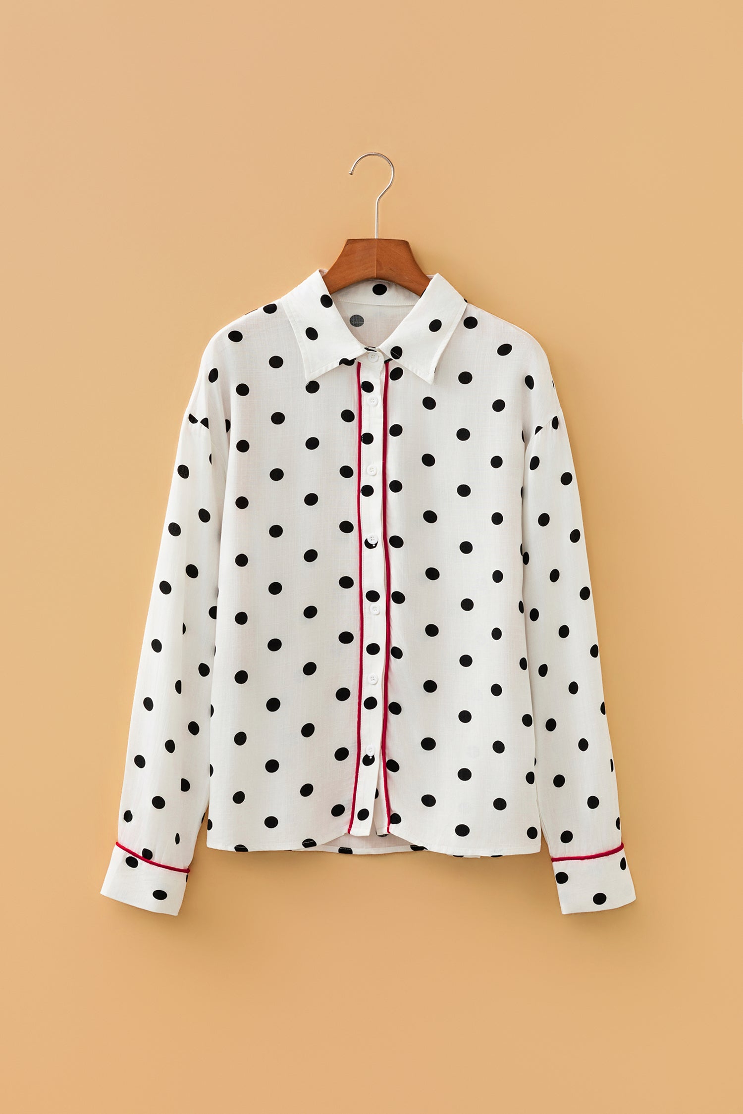 White Polka Dot Print Contrast Piping Elegant Shirt-Tops/Blouses & Shirts-[Adult]-[Female]-2022 Online Blue Zone Planet