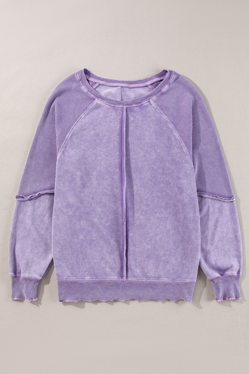 Orchid Petal Solid Waffle Knit Patchwork Raglan Sleeve Sweatshirt-Tops/Sweatshirts & Hoodies-[Adult]-[Female]-2022 Online Blue Zone Planet