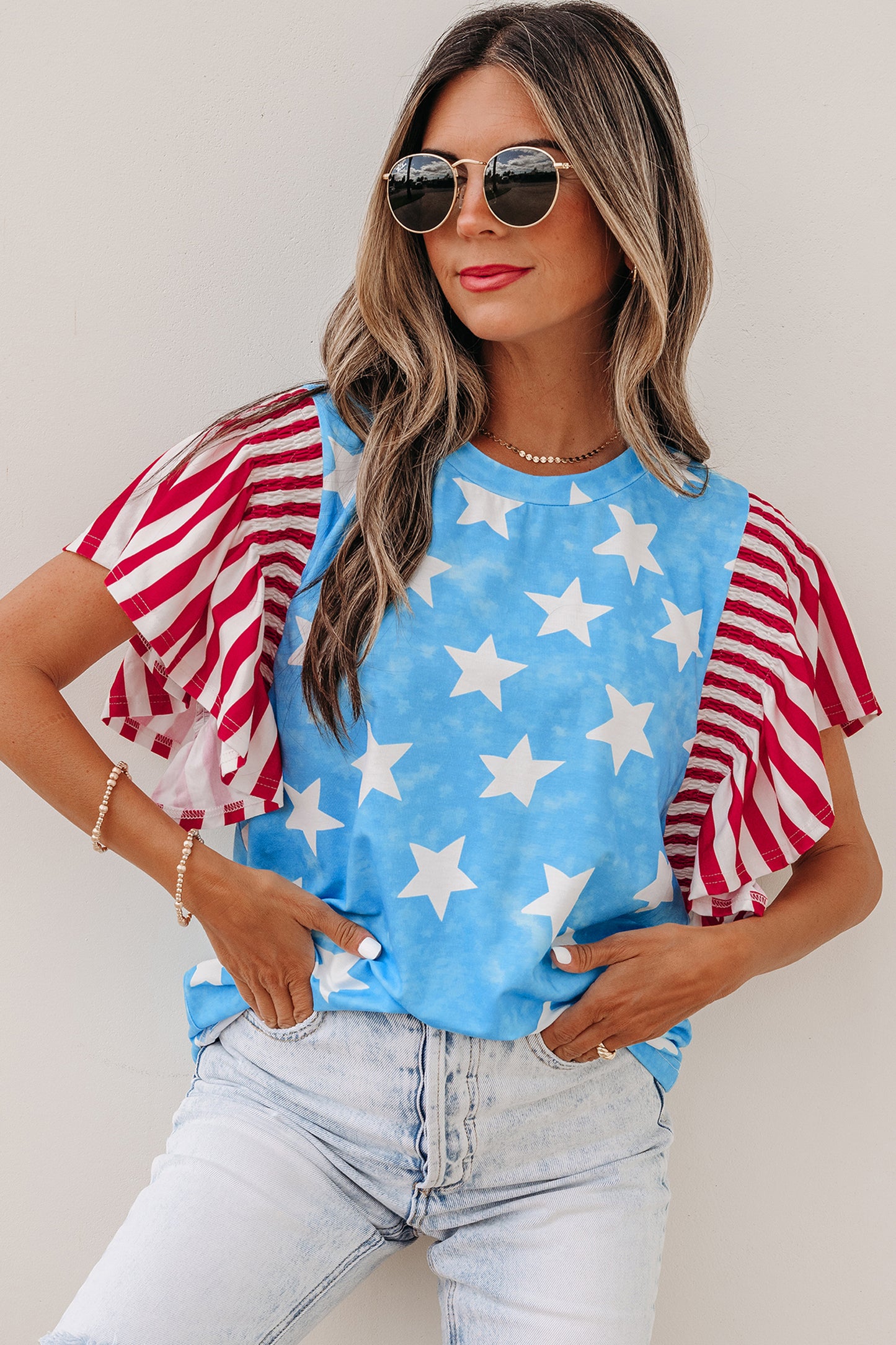 Sky Blue Vintage Star Print Striped Ruffle Sleeve Independence Day Top-Tops/Tops & Tees-[Adult]-[Female]-2022 Online Blue Zone Planet