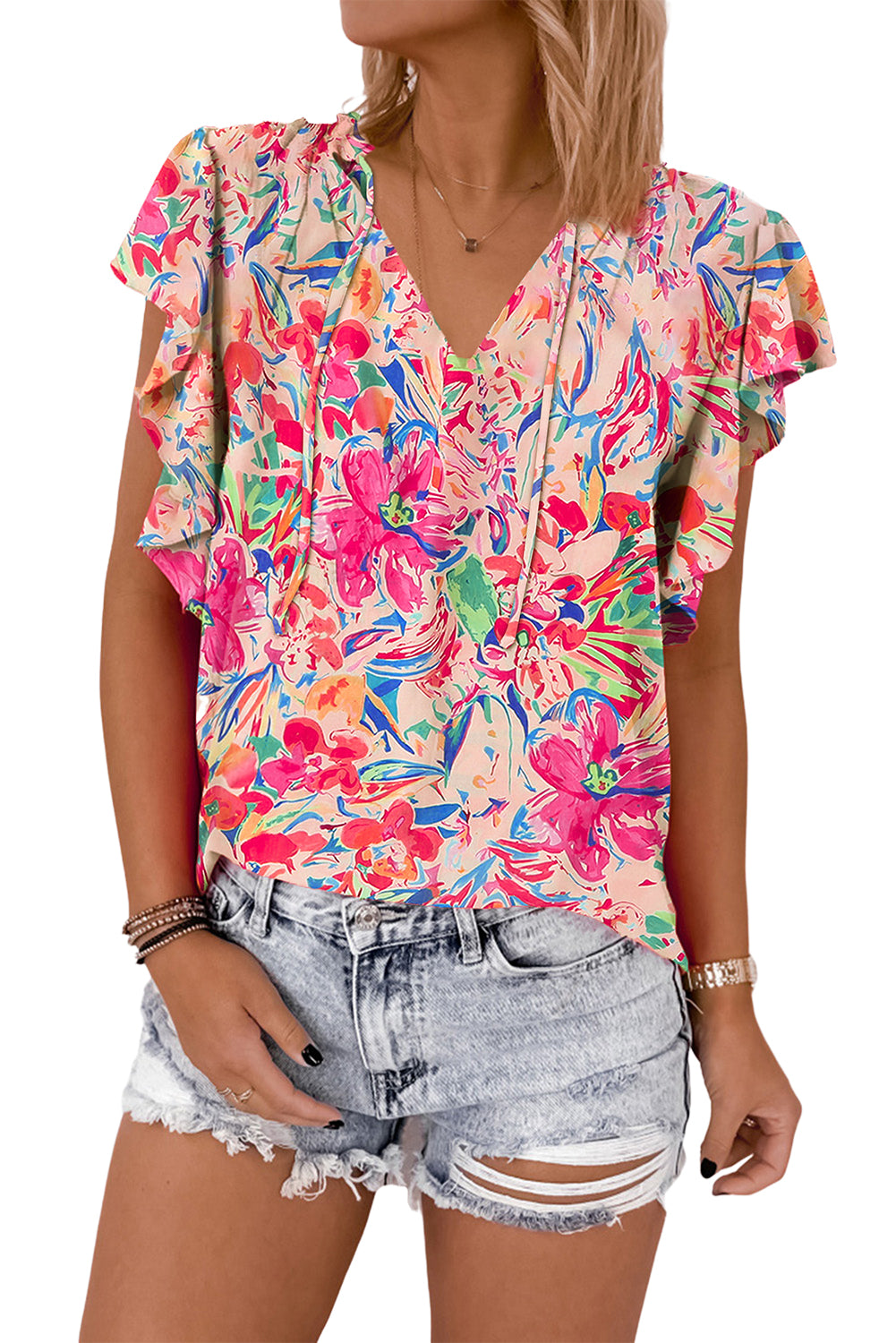 Blue Zone Planet |  Multicolour Floral Ruffled Sleeve V Neck Summer Blouse Blue Zone Planet