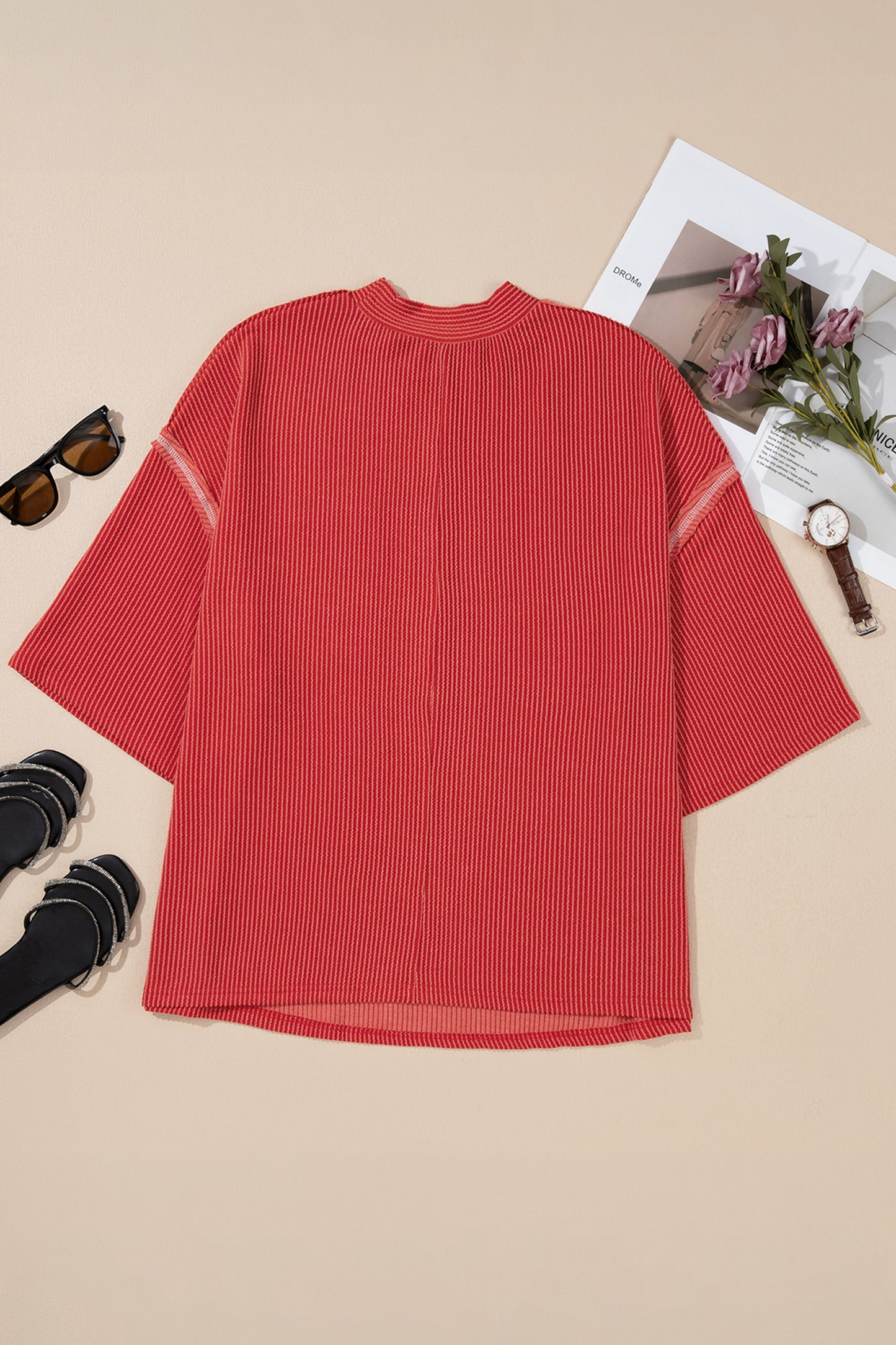 Fiery Red Twist Ribbed Tunic Round Neck Bracelet Sleeve Plus Size Blouse-Bracelet-[Adult]-[Female]-2022 Online Blue Zone Planet