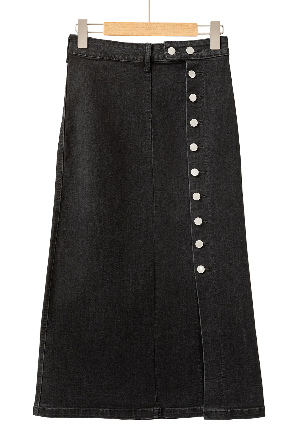 Blue Zone Planet | Black Button Fly Side Split High Waist Denim Midi Skirt-Bottoms/Skirts & Petticoat-[Adult]-[Female]-2022 Online Blue Zone Planet