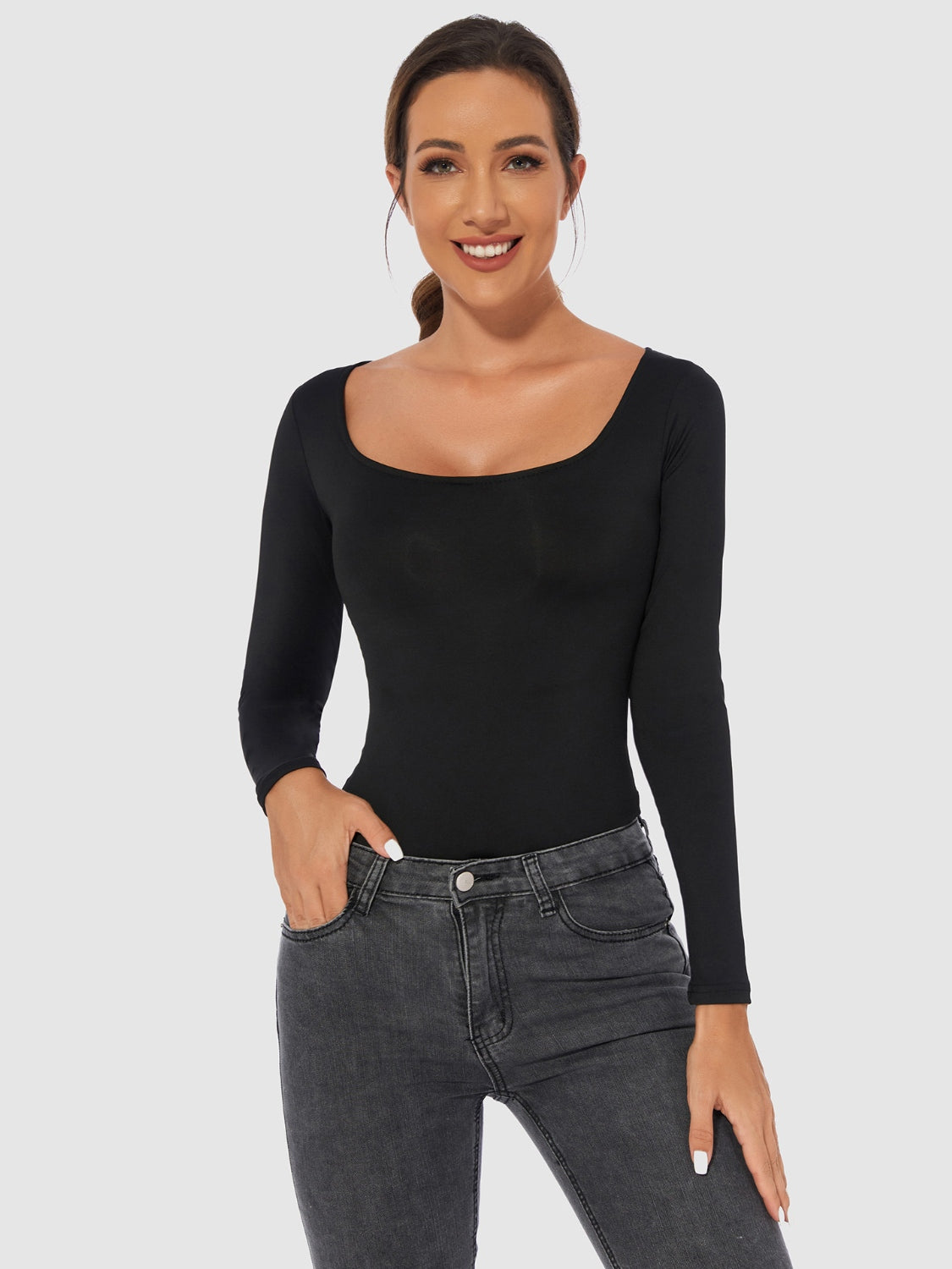 Full Size Scoop Neck Long Sleeve Bodysuit-TOPS / DRESSES-[Adult]-[Female]-Black-S-2022 Online Blue Zone Planet