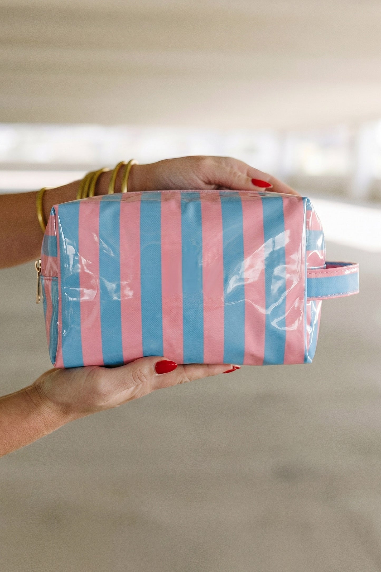 Light Pink PVC Striped Cosmetic Bag Durable Zipper Handle Travel Organizer