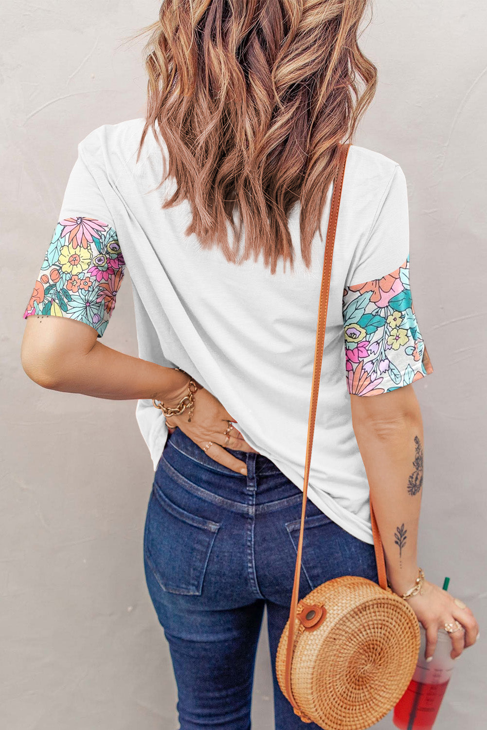 White Floral Print Patchwork Short Sleeve Top-Tops/Tops & Tees-[Adult]-[Female]-2022 Online Blue Zone Planet