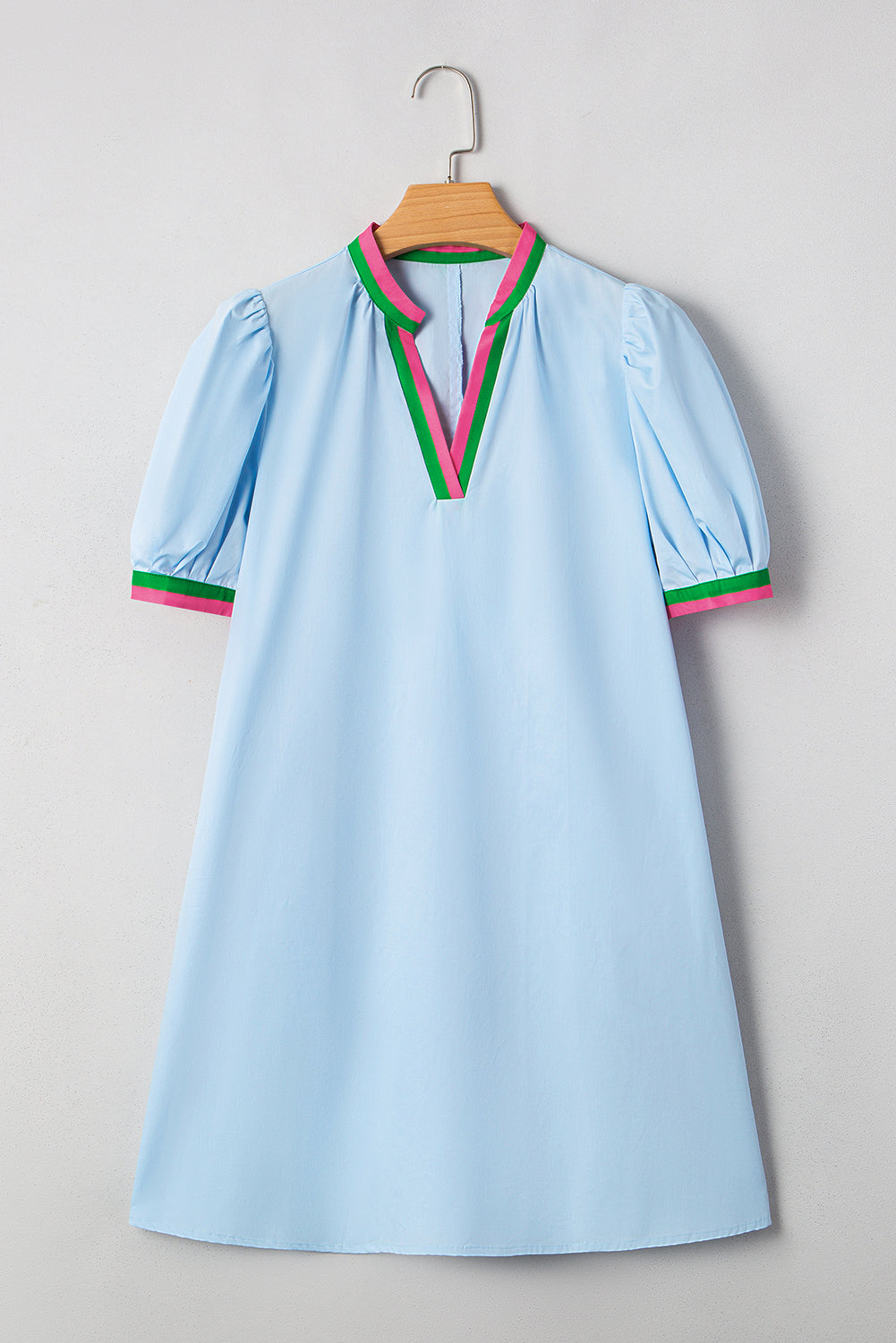 Myosotis Contrast Striped Notched V Neck Puff Sleeve Mini Dress-TOPS / DRESSES-[Adult]-[Female]-2022 Online Blue Zone Planet