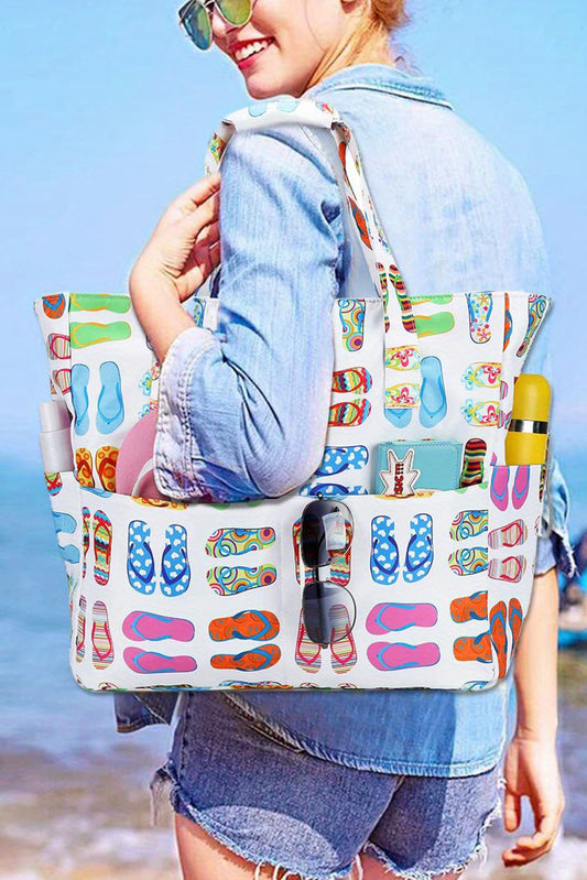 White Slippers Print Canvas Beach Tote Bag-Tote Bags-[Adult]-[Female]-White-ONE SIZE-2022 Online Blue Zone Planet