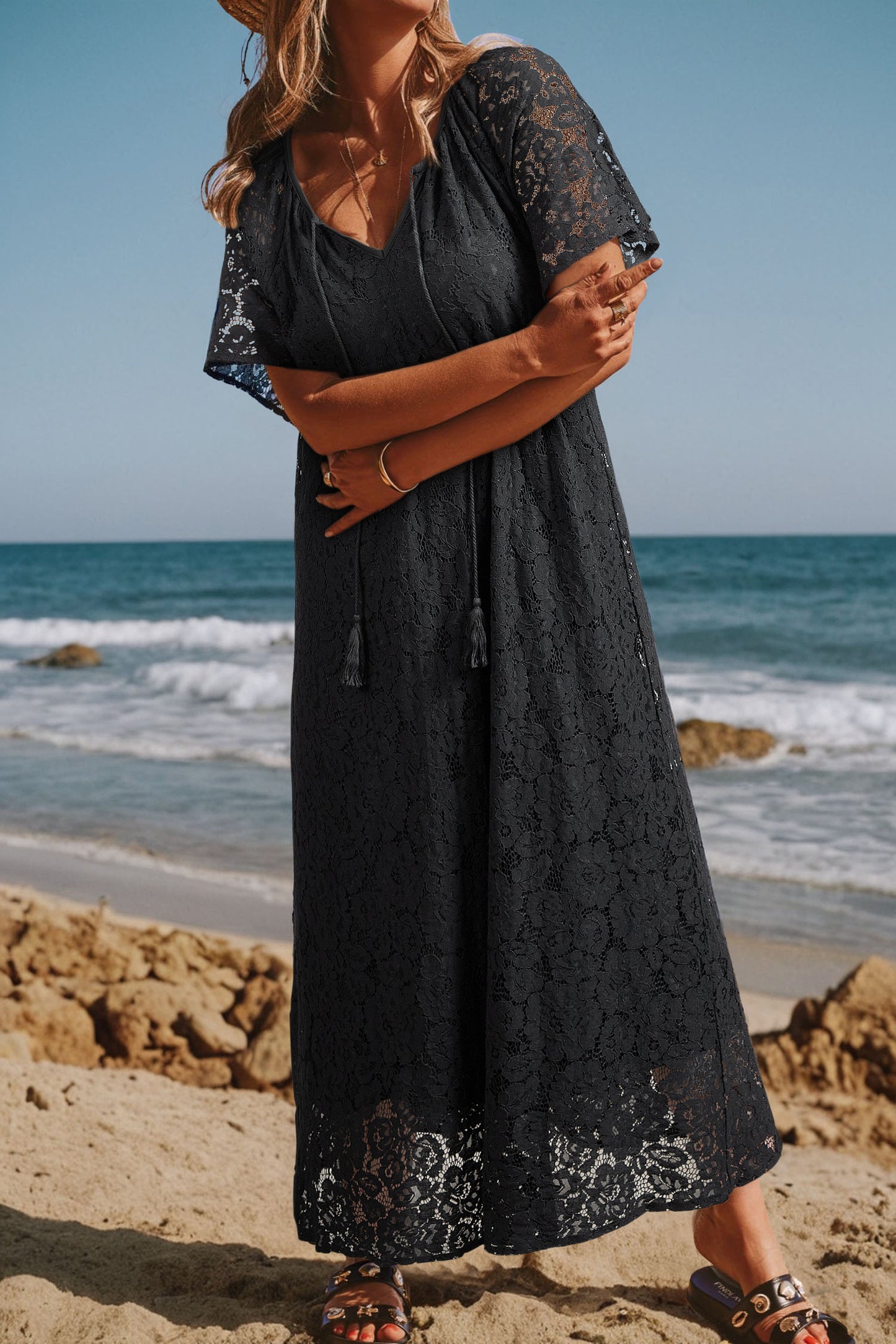 Black Floral Lace Overlay Tassel Tie Short Sleeve Beach Vacation Loose Maxi Dress-Dresses/Maxi Dresses-[Adult]-[Female]-Black-S-2022 Online Blue Zone Planet
