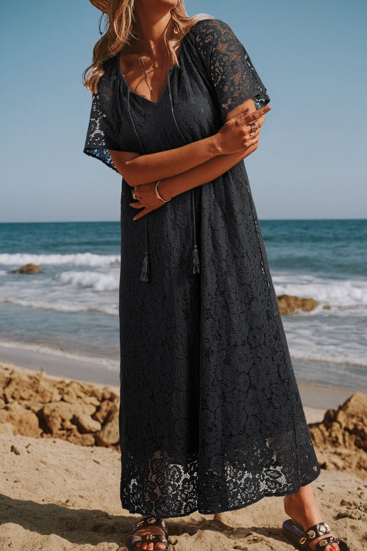 Black Floral Lace Overlay Tassel Tie Short Sleeve Beach Vacation Loose Maxi Dress-Dresses/Maxi Dresses-[Adult]-[Female]-Black-S-2022 Online Blue Zone Planet