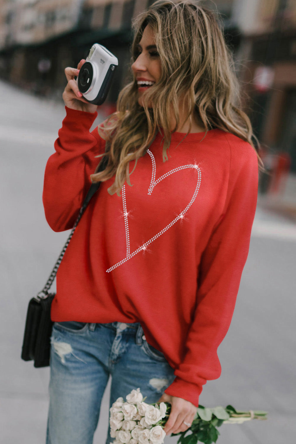 Fiery Red Rhinestone Heart Shaped Long Sleeve Sweatshirt-Graphic/Graphic Sweatshirts-[Adult]-[Female]-2022 Online Blue Zone Planet