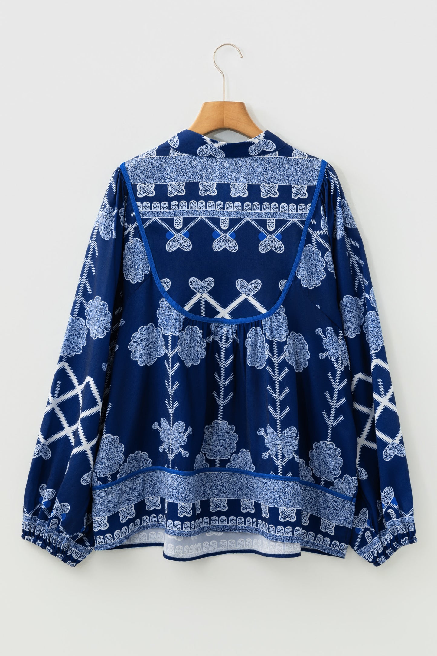 Blue Plus Size Floral Printed Notched Neck Long Sleeve Blouse-Plus Size/Plus Size Tops/Plus Size Blouses & Shirts-[Adult]-[Female]-2022 Online Blue Zone Planet