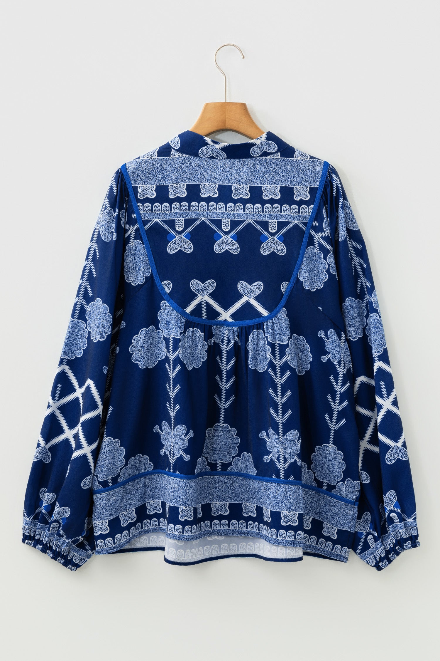 Blue Plus Size Floral Printed Notched Neck Long Sleeve Blouse-Plus Size/Plus Size Tops/Plus Size Blouses & Shirts-[Adult]-[Female]-2022 Online Blue Zone Planet