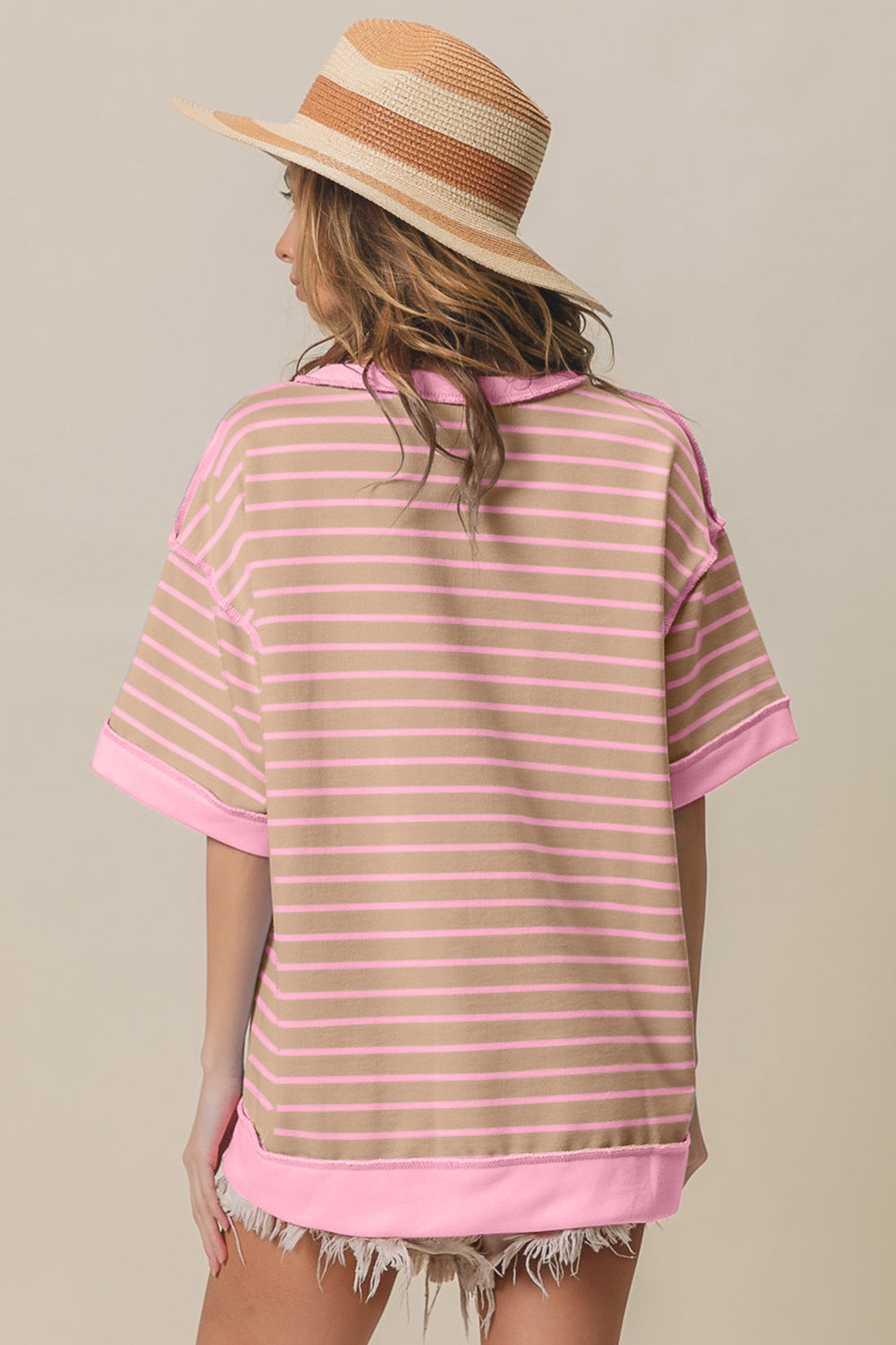 BiBi Exposed Seam Stripe Contrast T-Shirt-TOPS / DRESSES-[Adult]-[Female]-2022 Online Blue Zone Planet