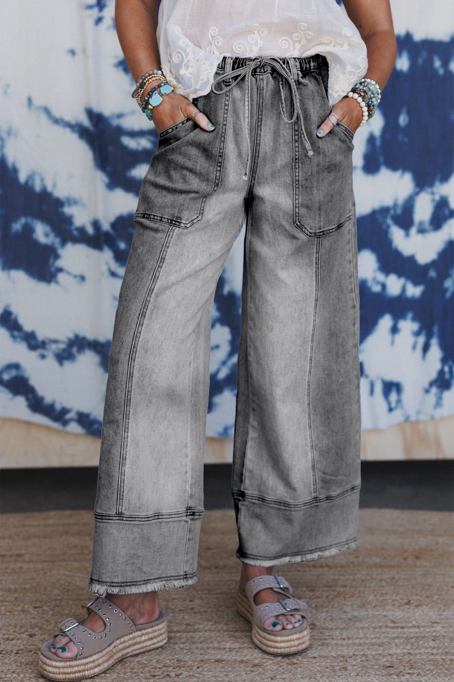 Gray Drawstring Seam Detail Raw Hem Wide Leg Denim Pants-Bottoms/Jeans-[Adult]-[Female]-2022 Online Blue Zone Planet