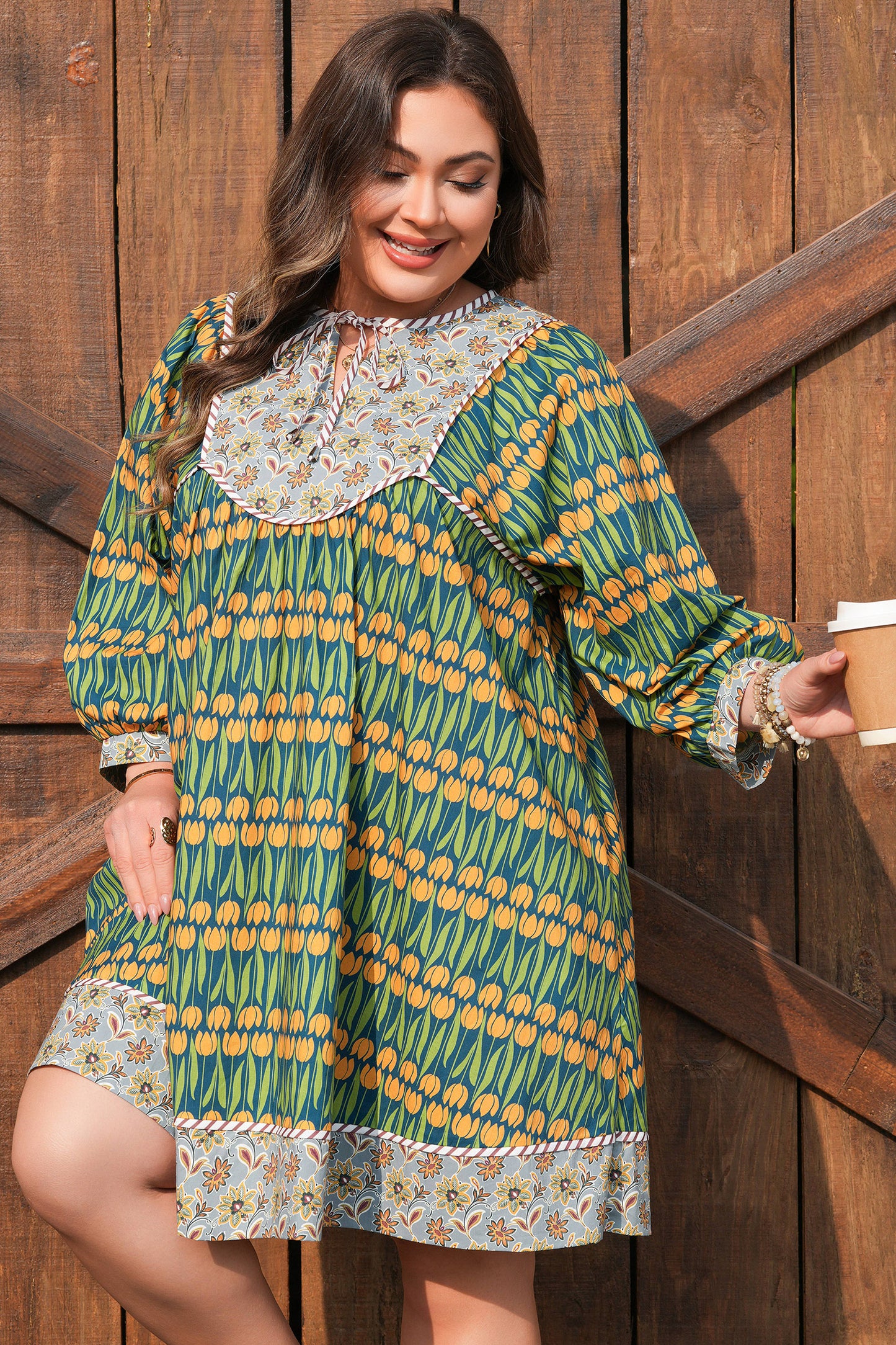 Green Plus Size Mixed Floral Print Striped Trim Loose Mini Dress-TOPS / DRESSES-[Adult]-[Female]-2022 Online Blue Zone Planet