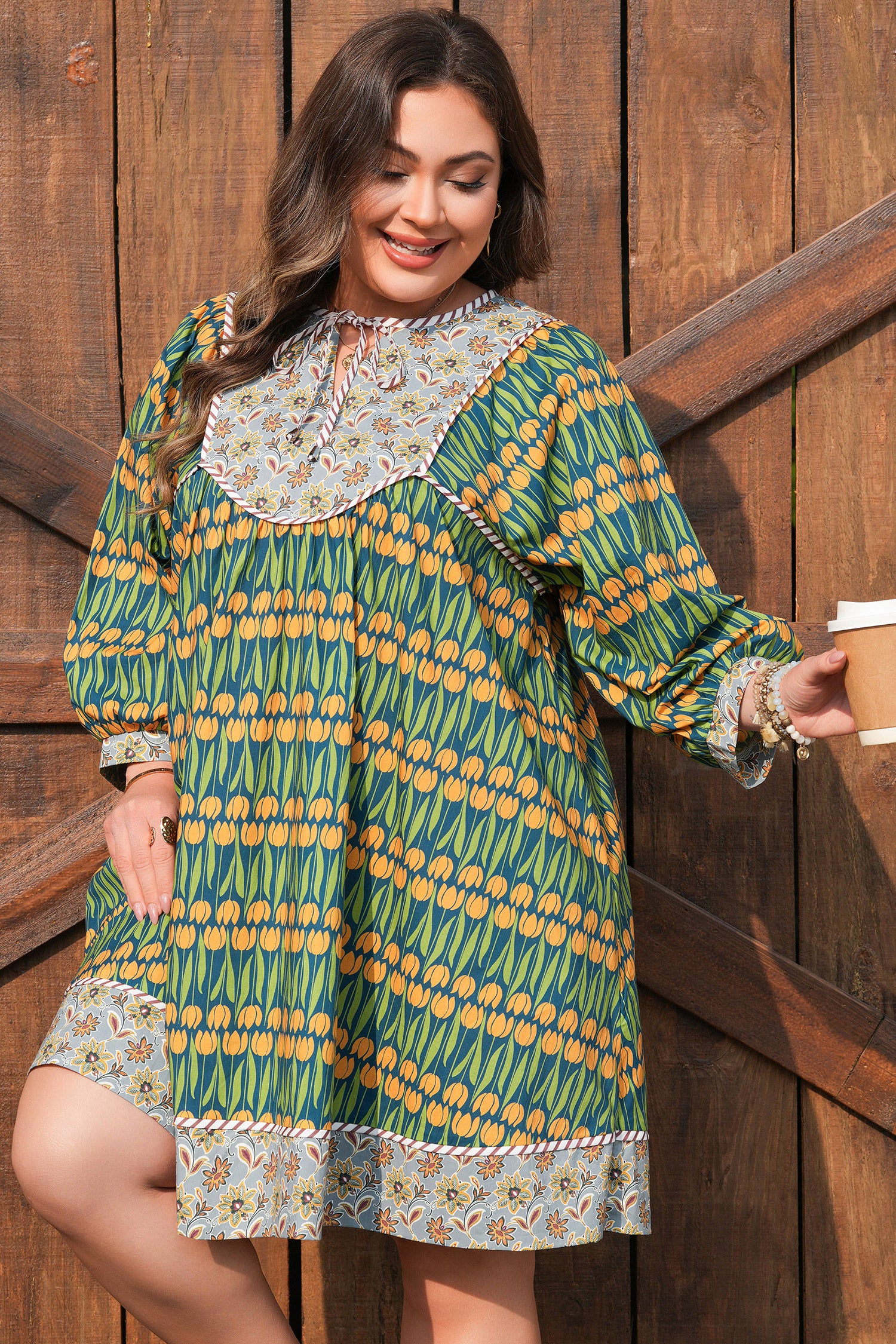 Green Plus Size Mixed Floral Print Striped Trim Loose Mini Dress-TOPS / DRESSES-[Adult]-[Female]-2022 Online Blue Zone Planet