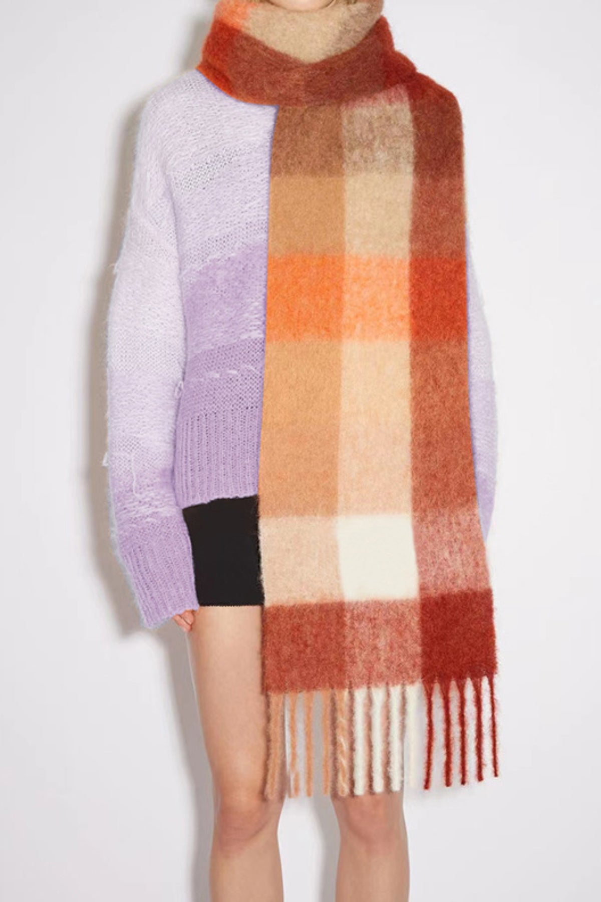 Thermal Fringe Contrast Plaid Scarf-SCARVES-[Adult]-[Female]-Orange/White grid-One Size-2022 Online Blue Zone Planet