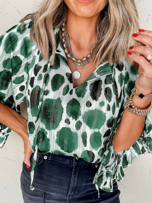 Printed Tie Neck Three-Quarter Sleeve Blouse-TOPS / DRESSES-[Adult]-[Female]-Dark Green-S-2022 Online Blue Zone Planet