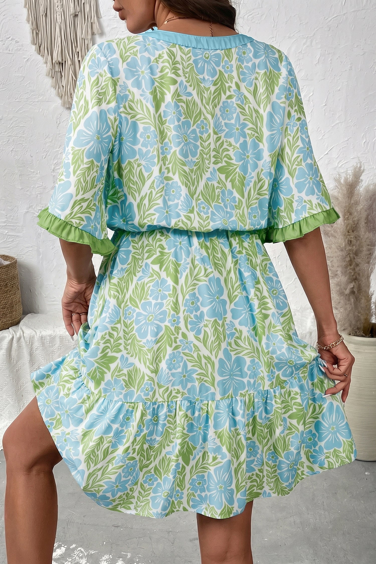 Sky Blue Floral Print High Waist Ruffle Short Sleeve Mini Dress-TOPS / DRESSES-[Adult]-[Female]-2022 Online Blue Zone Planet