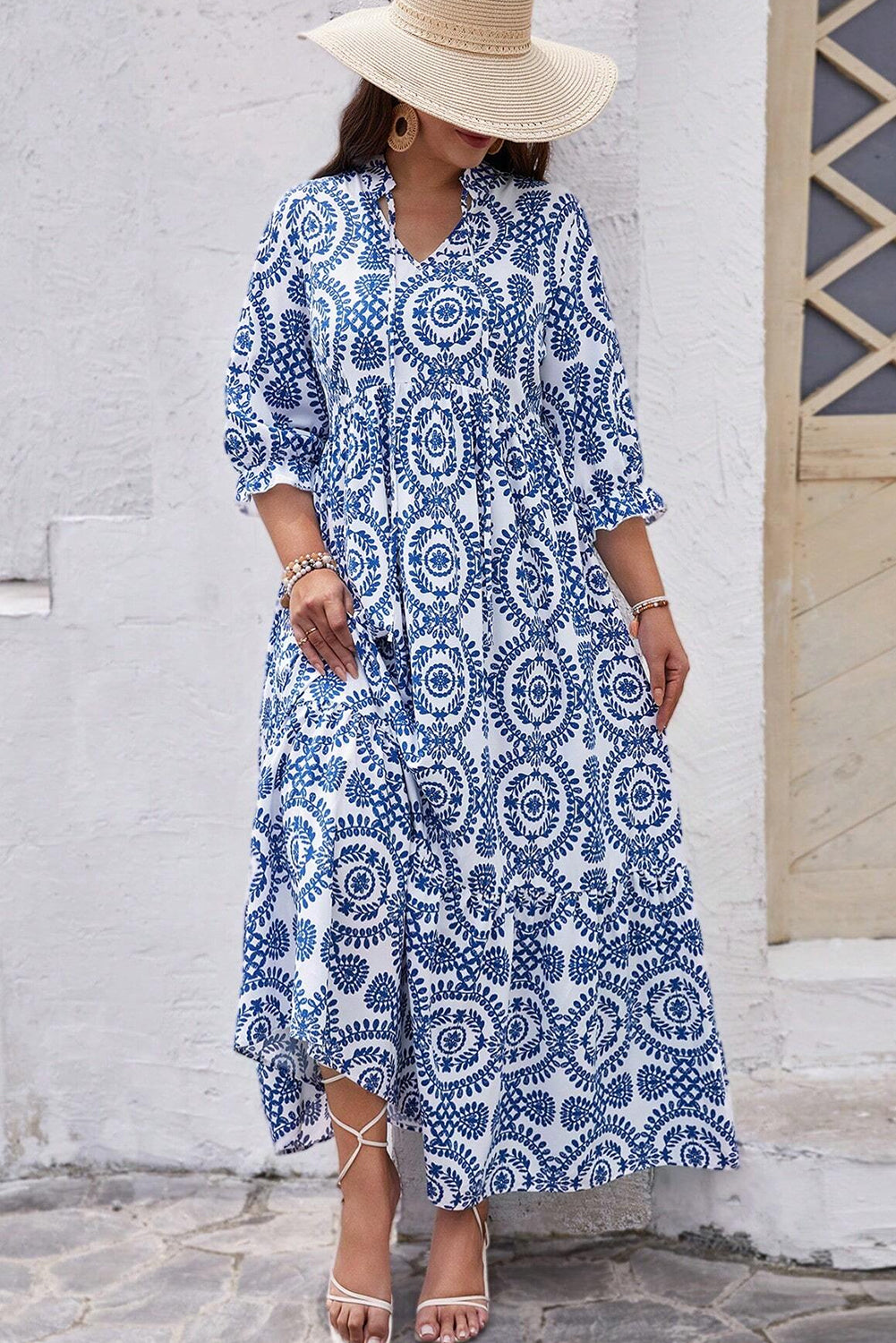 Sky Blue Geometric Print Lace-up Notch Neck Plus Size Maxi Dress-Plus Size/Plus Size Dresses/Plus Size Maxi Dresses-[Adult]-[Female]-2022 Online Blue Zone Planet