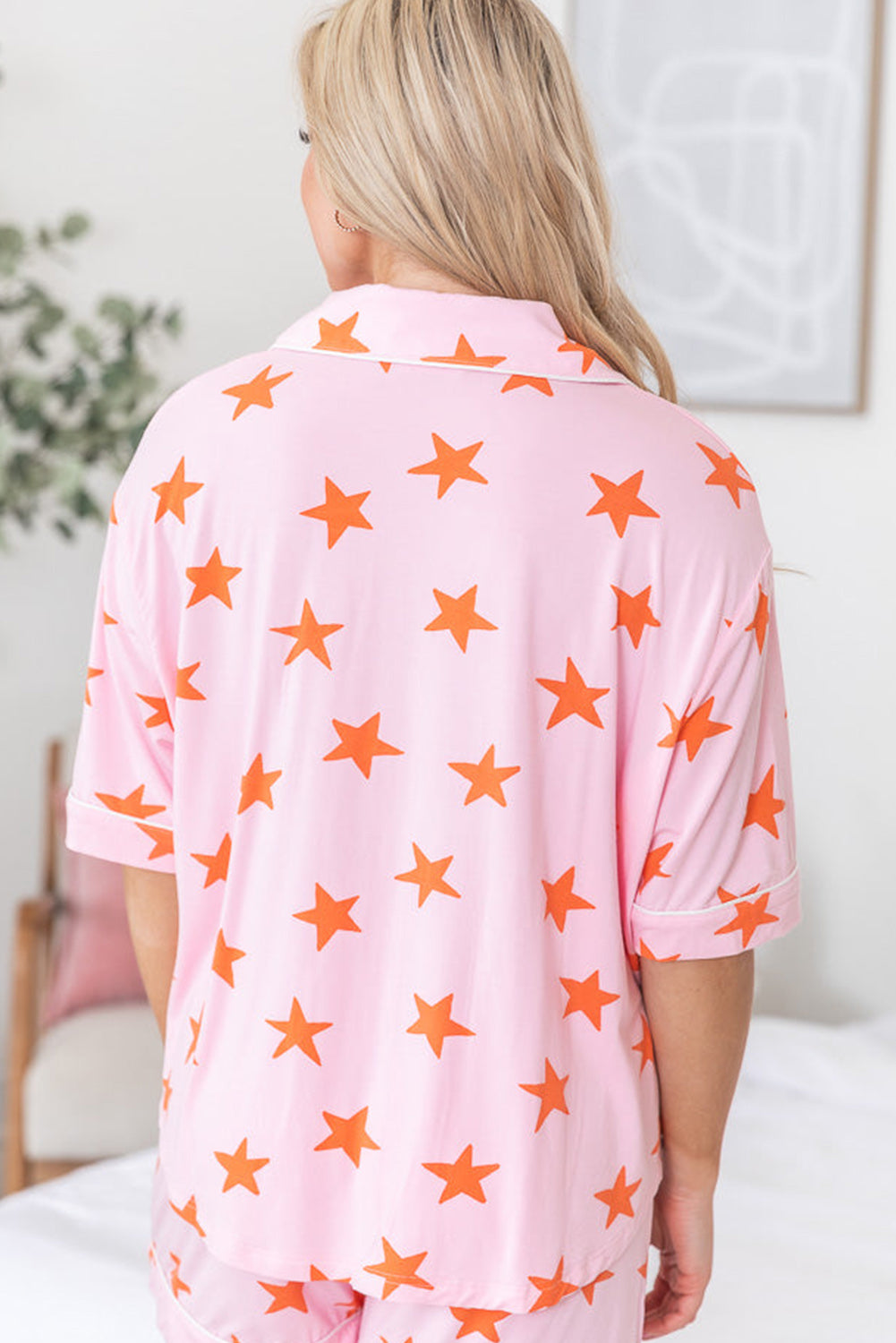 Pink Stars Short Sleeve Shirt and Shorts Bamboo Pajama Set-Loungewear & Sleepwear/Sleepwear-[Adult]-[Female]-2022 Online Blue Zone Planet