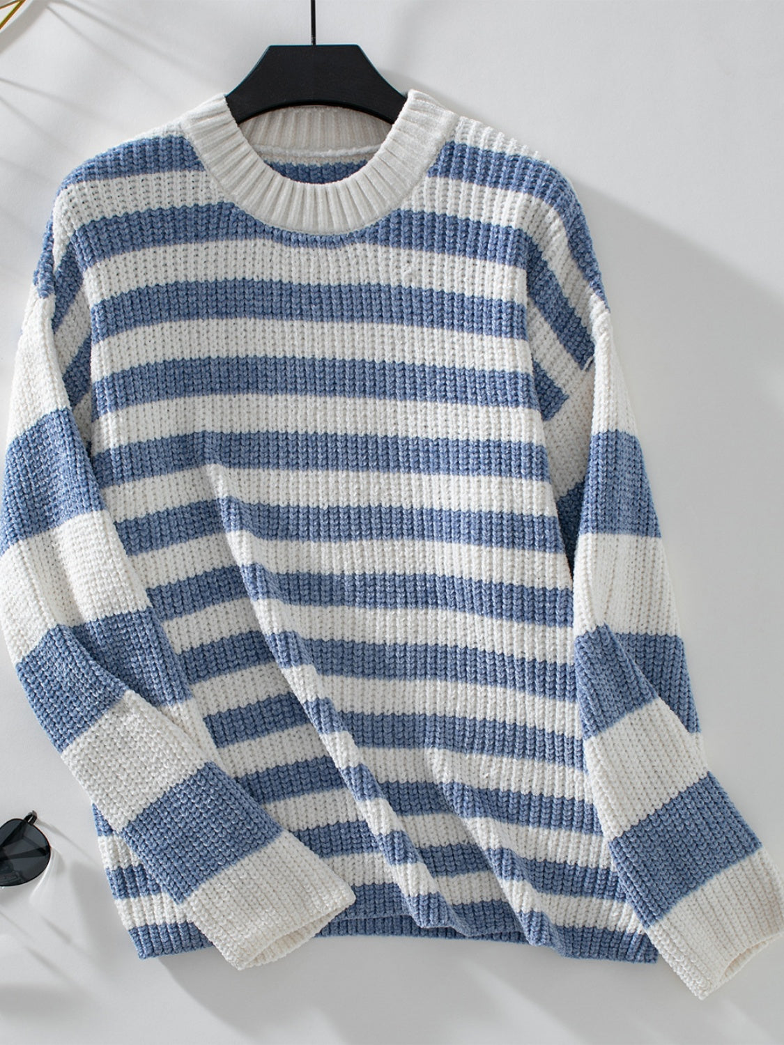 Striped Round Neck Long Sleeve Sweater-TOPS / DRESSES-[Adult]-[Female]-Light Blue-S-2022 Online Blue Zone Planet