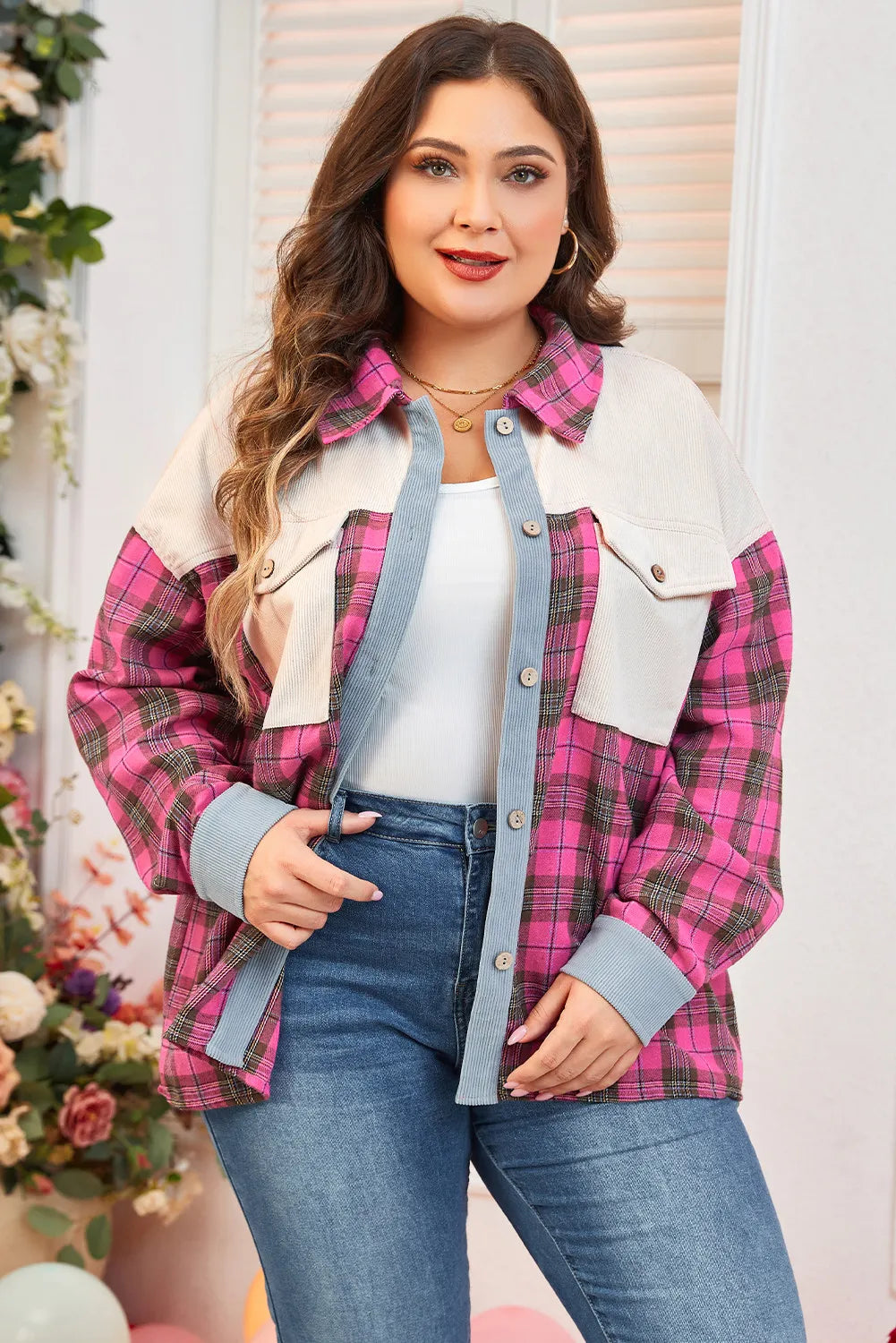 Plus Size Plaid Collared Neck Long Sleeve Shirt-TOPS / DRESSES-[Adult]-[Female]-2022 Online Blue Zone Planet