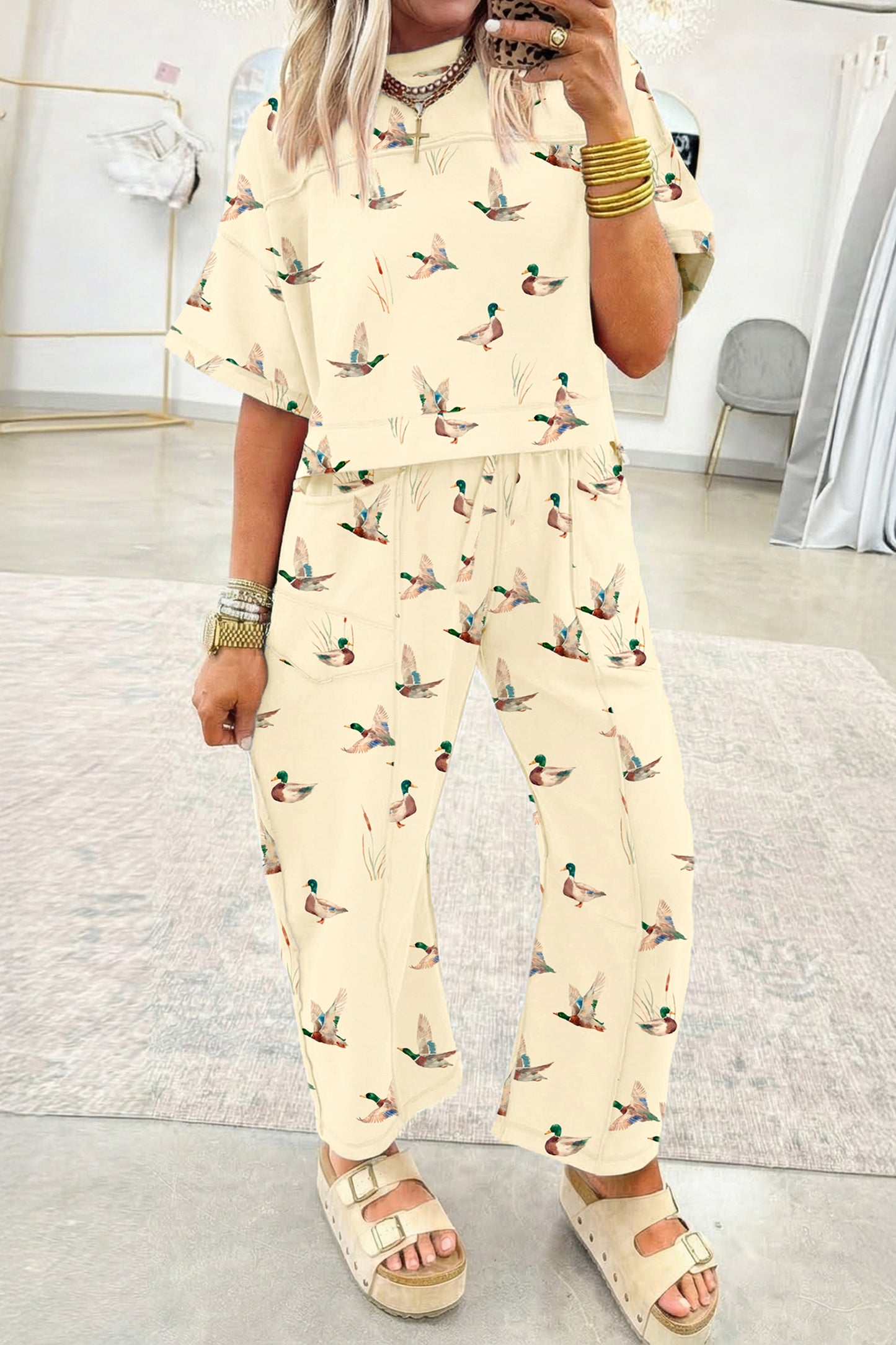 Beige Duck Print Short Sleeve Top Pocket Pants 2pcs Casual Set