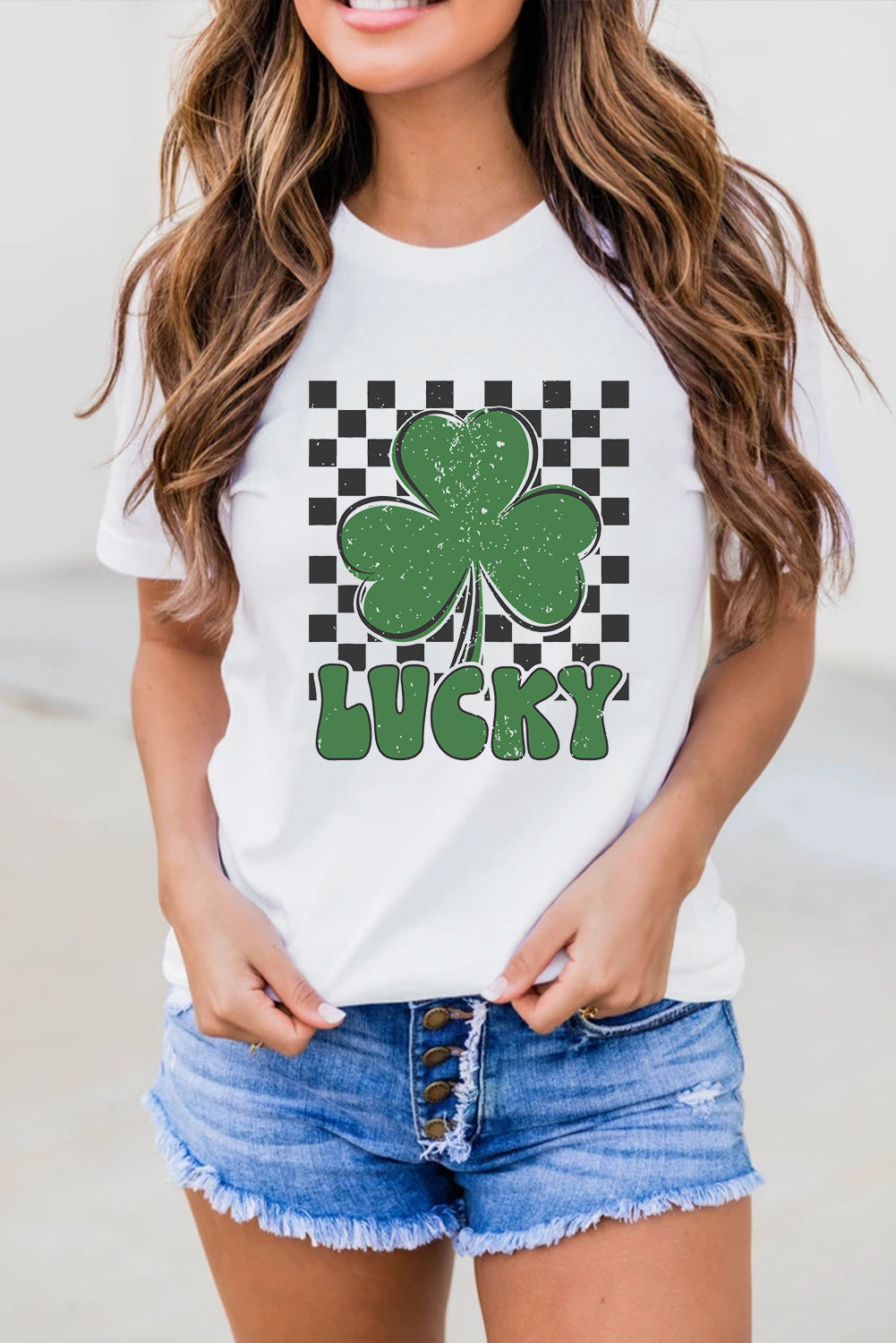 White Checker Lucky Clover Printed St Patricks T Shirt