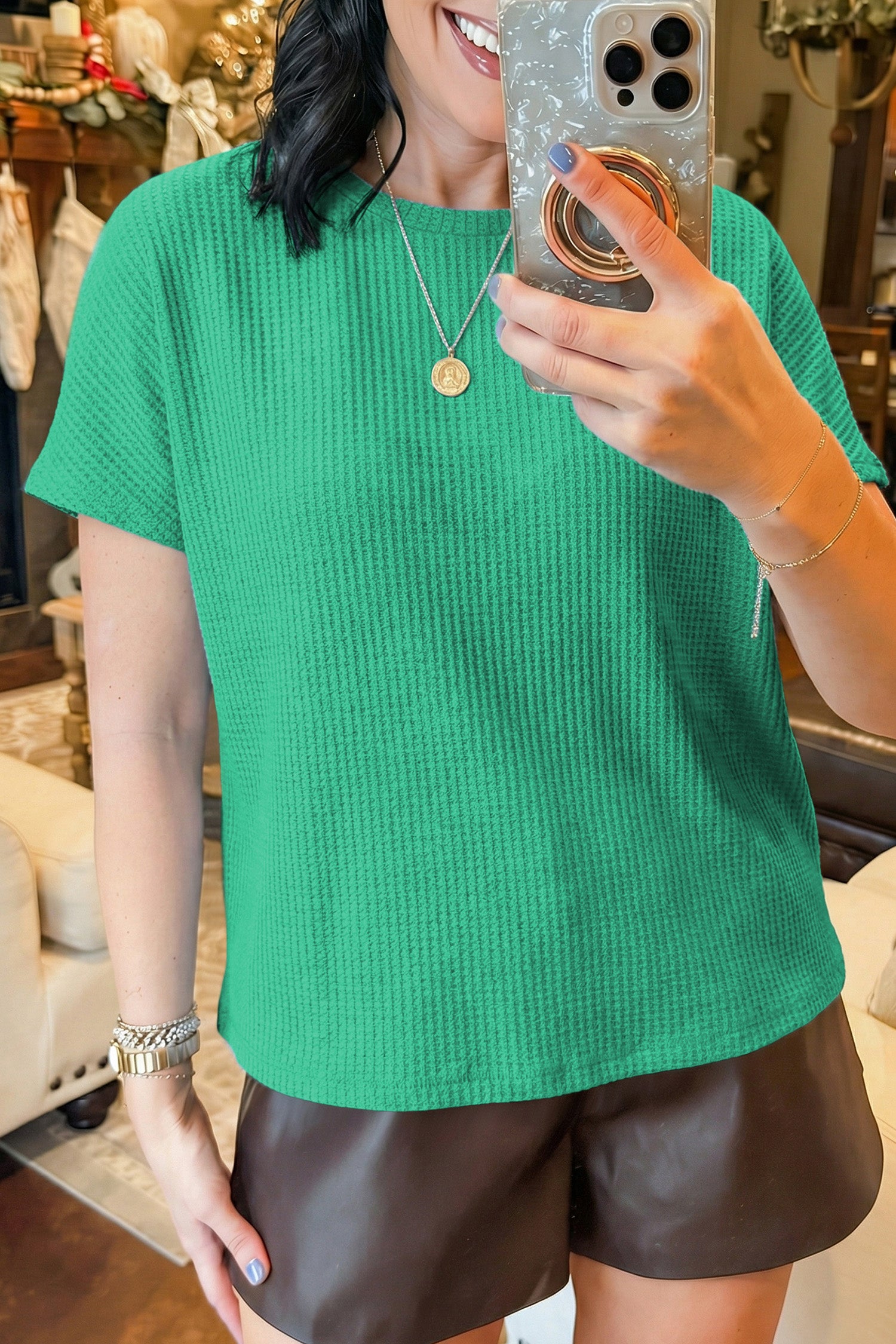 Sea Green Waffle Textured Knit Dolman Short Sleeve Loose Top-Tops/Tops & Tees-[Adult]-[Female]-2022 Online Blue Zone Planet