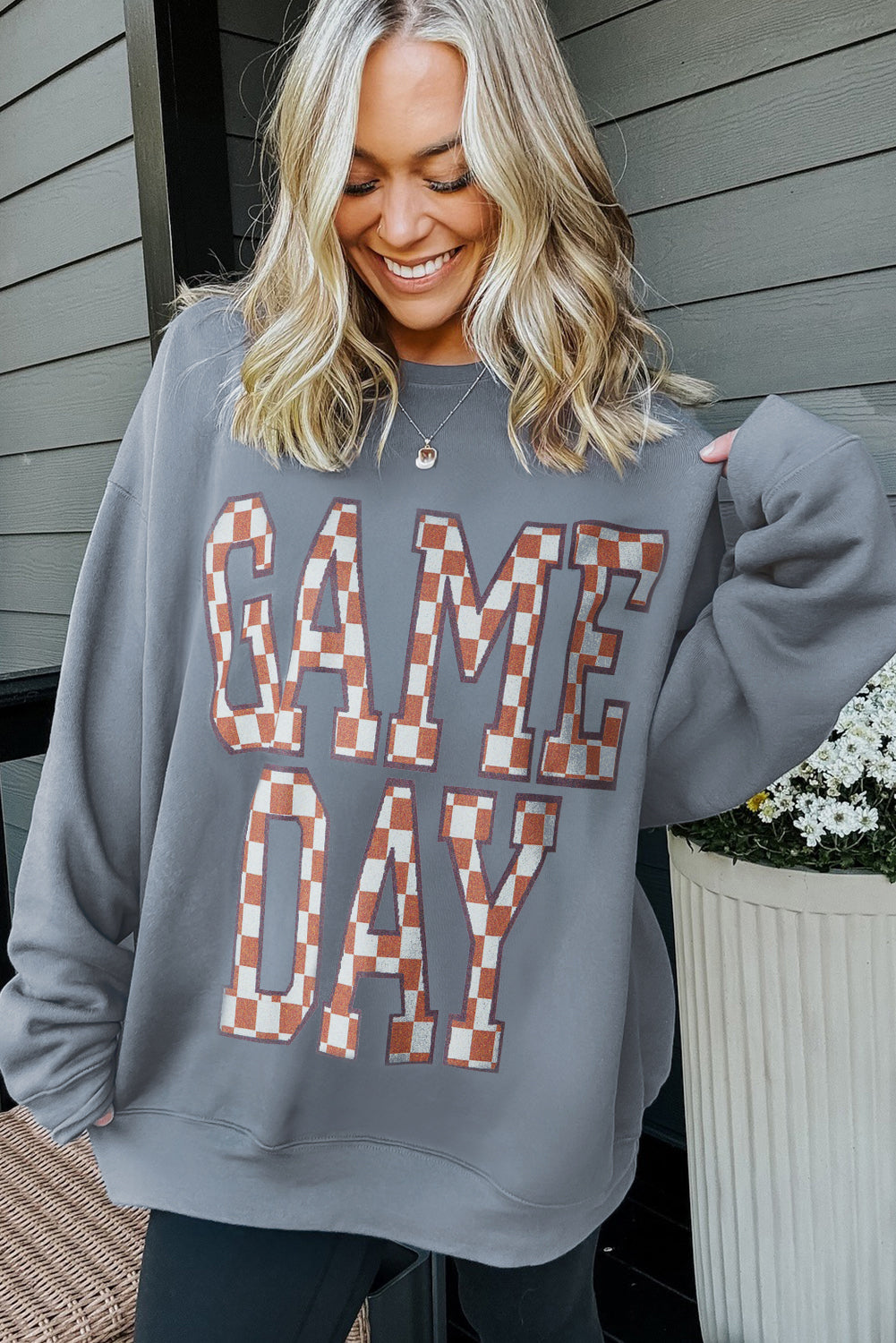 Sleet Game Day Checkered Letter Graphic Oversize Sweatshirt-Tops/Sweatshirts & Hoodies-[Adult]-[Female]-2022 Online Blue Zone Planet