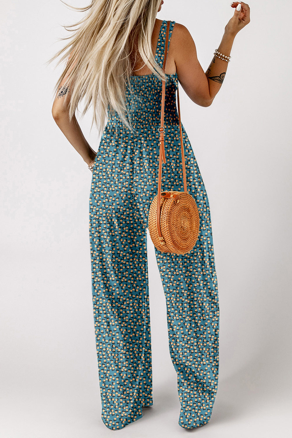 Green Floral Print Smocked High Waist Square Neck Jumpsuit-Bottoms/Jumpsuits & Rompers-[Adult]-[Female]-2022 Online Blue Zone Planet