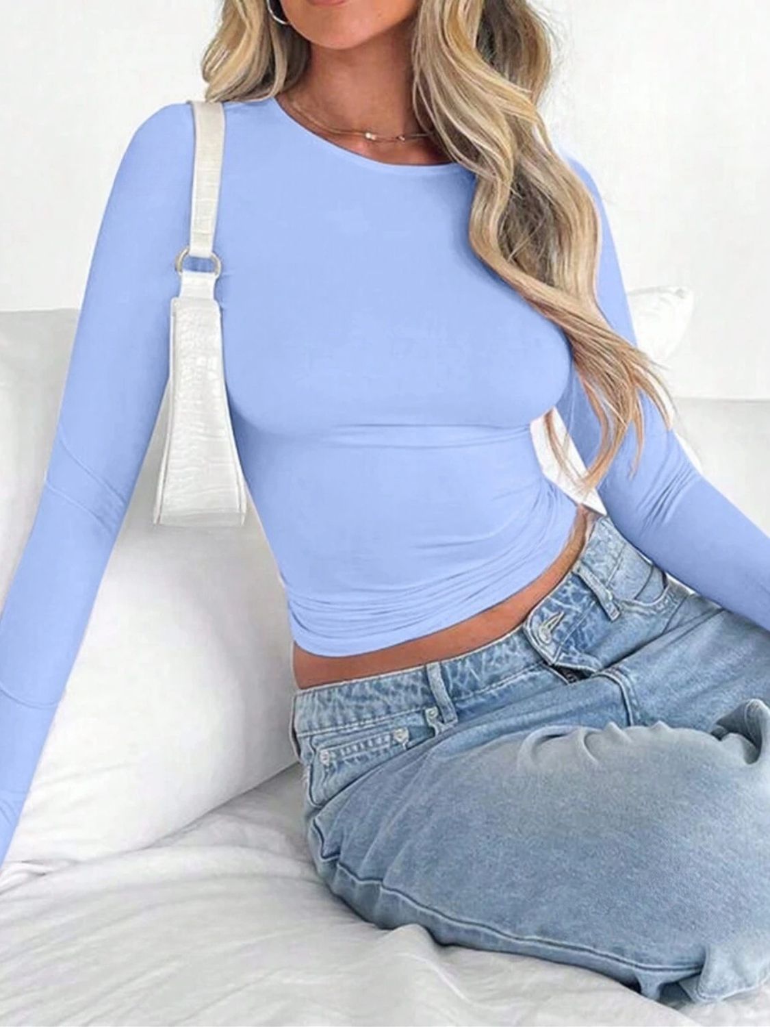 Solid Color Round Neck Long Sleeve T-Shirt-TOPS / DRESSES-[Adult]-[Female]-2022 Online Blue Zone Planet