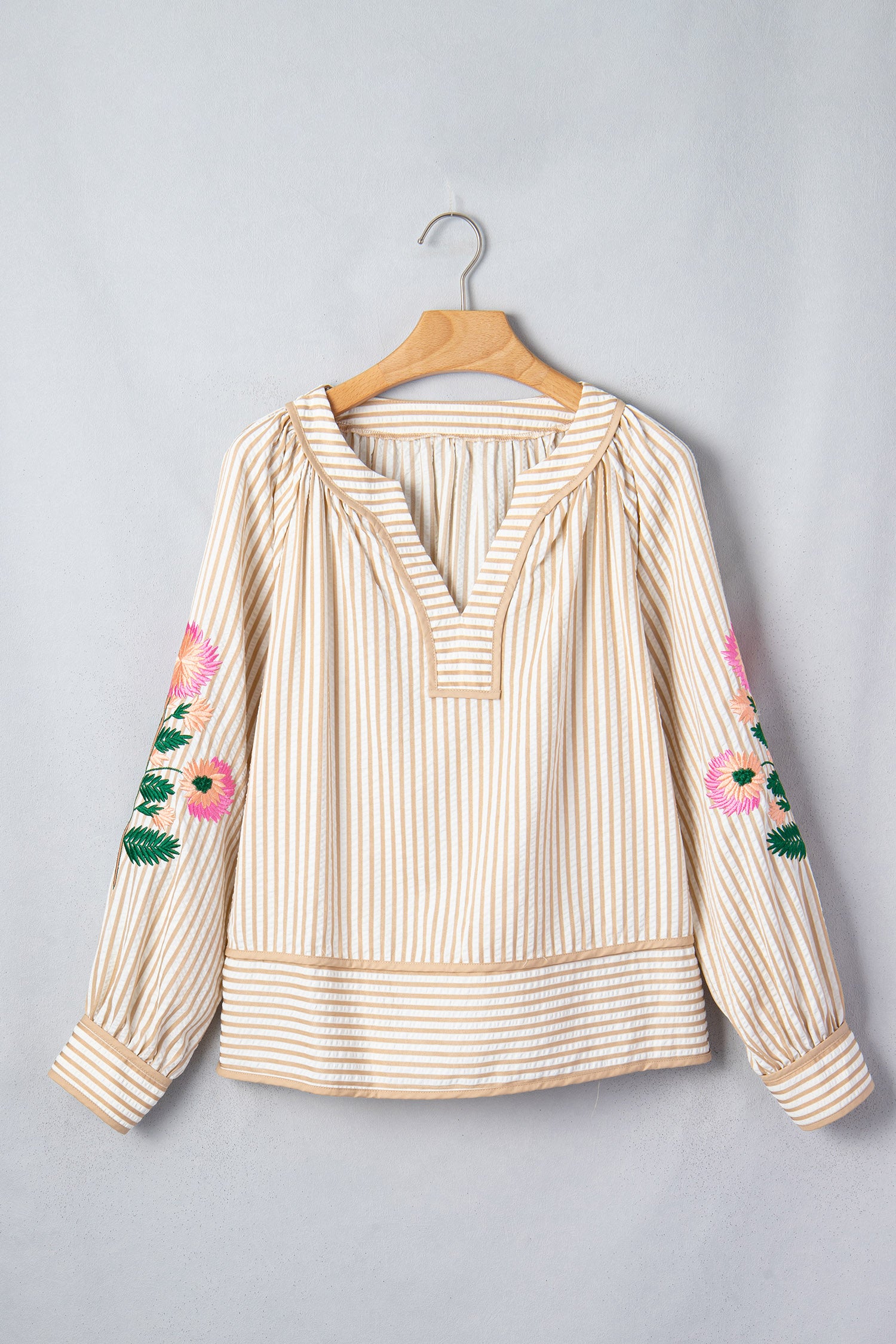Khaki Stripe V Neck Floral Embroidered Long Sleeve Blouse-Tops/Blouses & Shirts-[Adult]-[Female]-2022 Online Blue Zone Planet