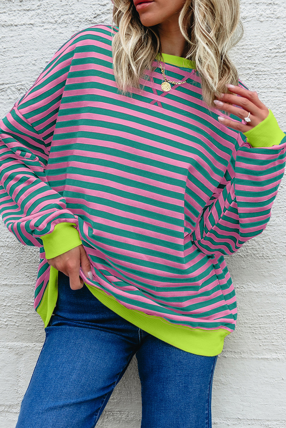 Rose Stripe Contrast Ribbed Trim Crossed Stitch Drop Shoulder Sweatshirt-Tops/Sweatshirts & Hoodies-[Adult]-[Female]-2022 Online Blue Zone Planet