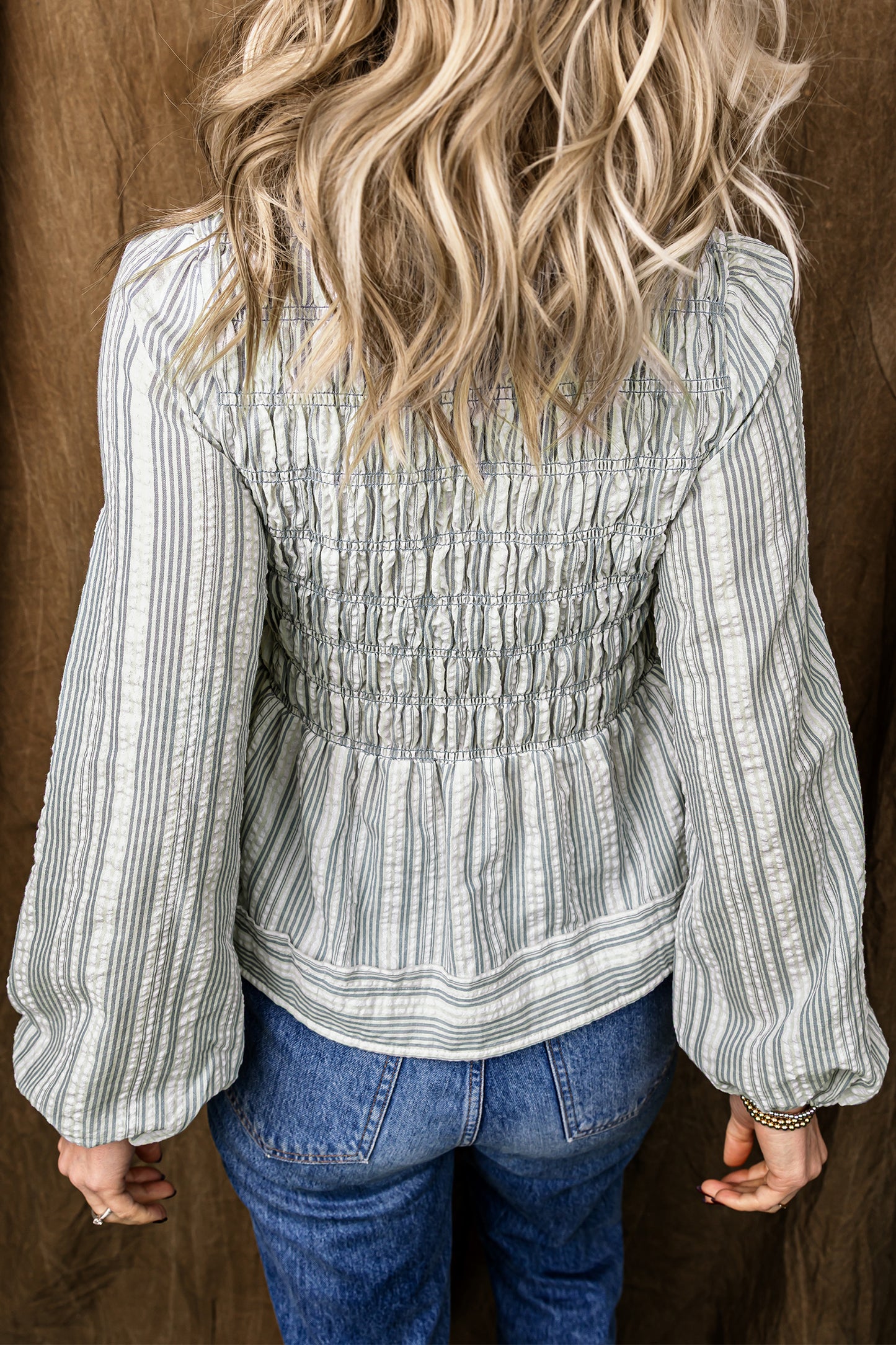 Blue Stripe V Neck Shirred Long Sleeve Blouse