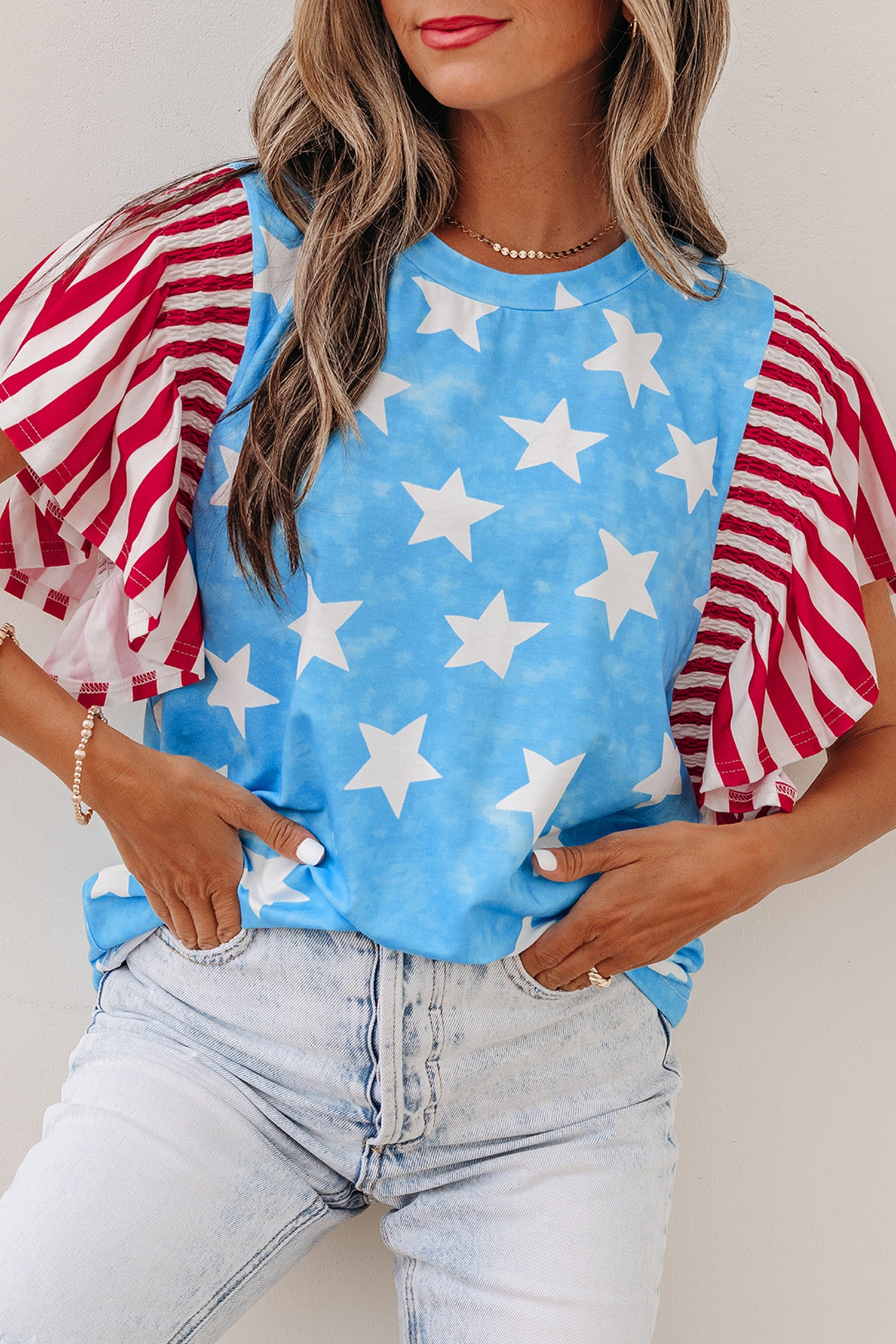 Sky Blue Vintage Star Print Striped Ruffle Sleeve Independence Day Top-Tops/Tops & Tees-[Adult]-[Female]-2022 Online Blue Zone Planet