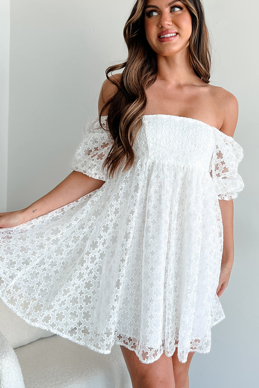 White Floral Lace Puff Sleeve Empire Waist Mini Dress-TOPS / DRESSES-[Adult]-[Female]-2022 Online Blue Zone Planet