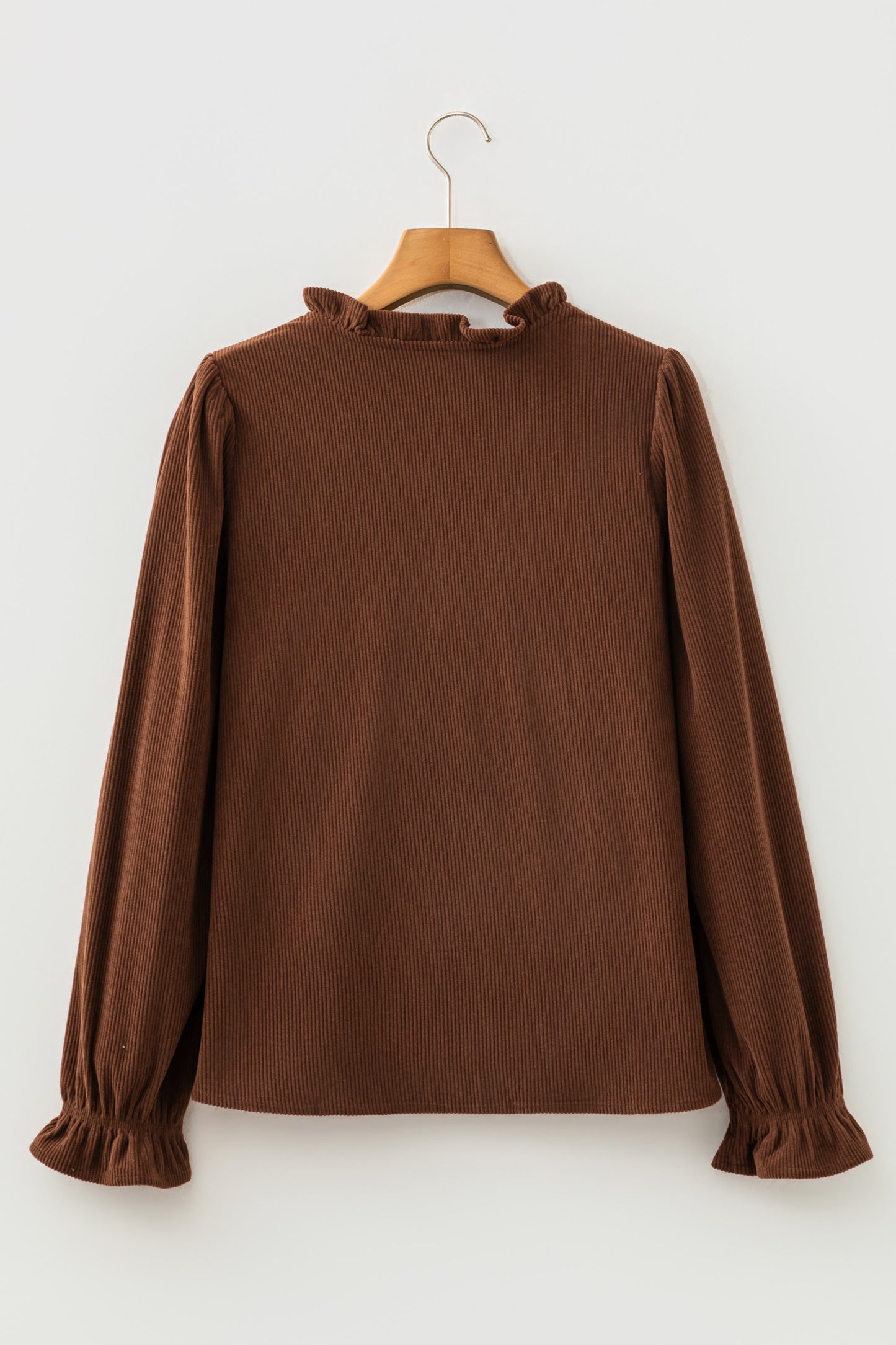 Coffee Solid Color Ruffle Trim V Neck Long Sleeve Button Corduroy Shakcet-Outerwear/Jackets-[Adult]-[Female]-2022 Online Blue Zone Planet