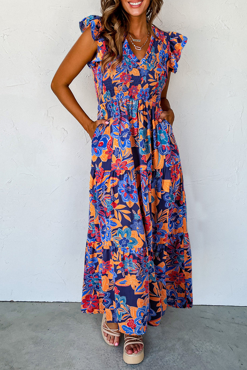 Dark Blue Boho Floral V Neck Ruffle Tiered Long Dress Blue Zone Planet