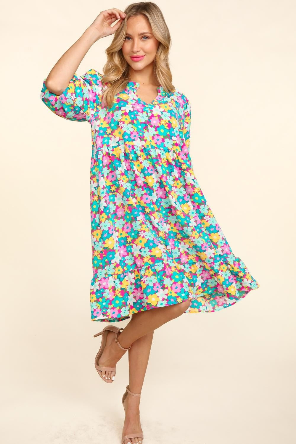 Haptics Bubble Sleeve Floral Ruffled Dress-TOPS / DRESSES-[Adult]-[Female]-2022 Online Blue Zone Planet